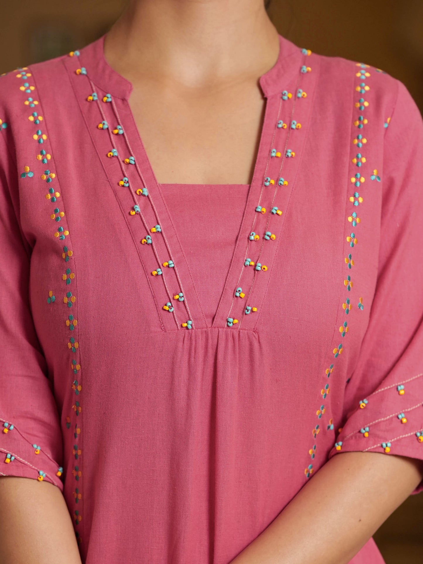 Embroidered Linen Cotton Solid A-line Pink Kurta