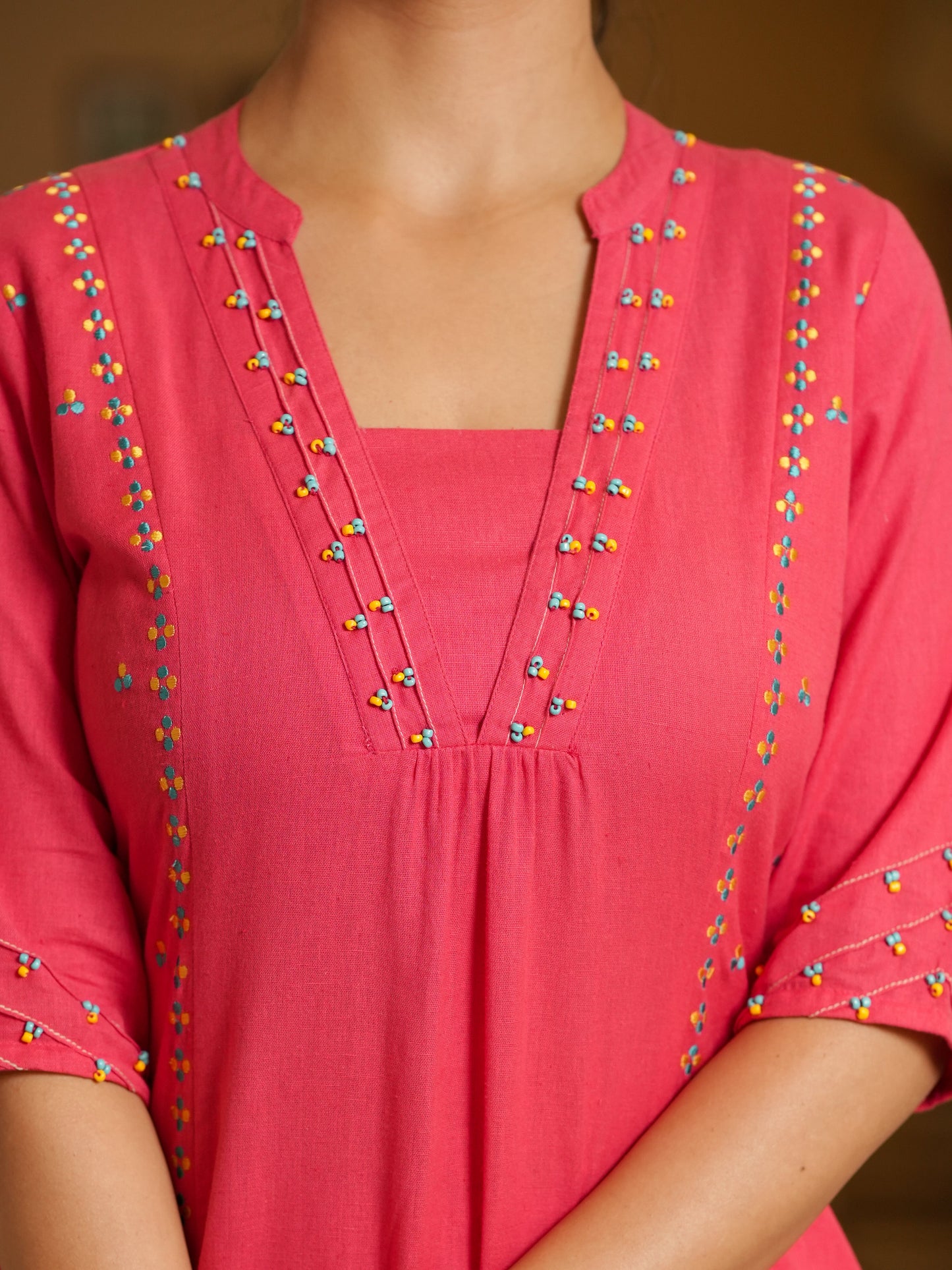 Embroidered Linen Cotton Solid A-line Pink Kurta