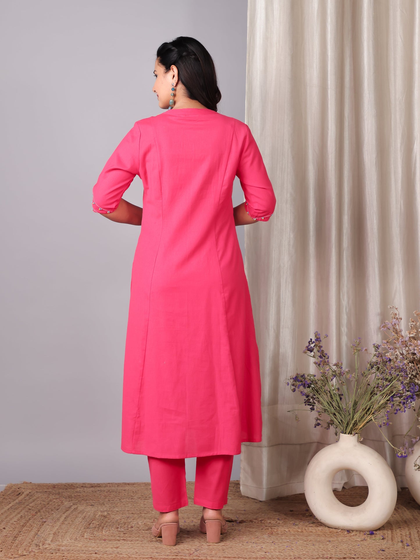 Embroidered Linen Cotton Solid A-line Pink Kurta