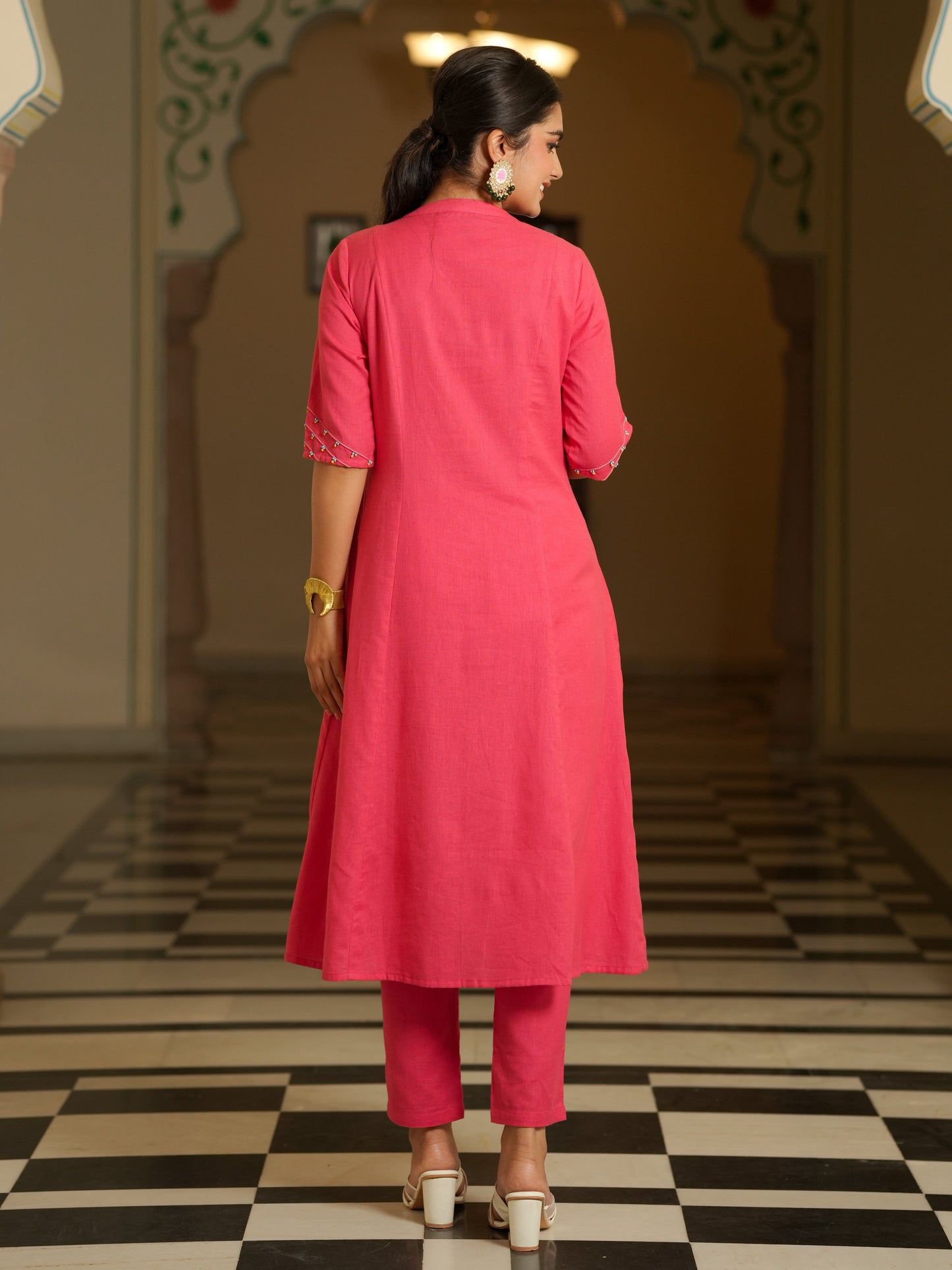 Embroidered Linen Cotton Solid A-line Pink Kurta