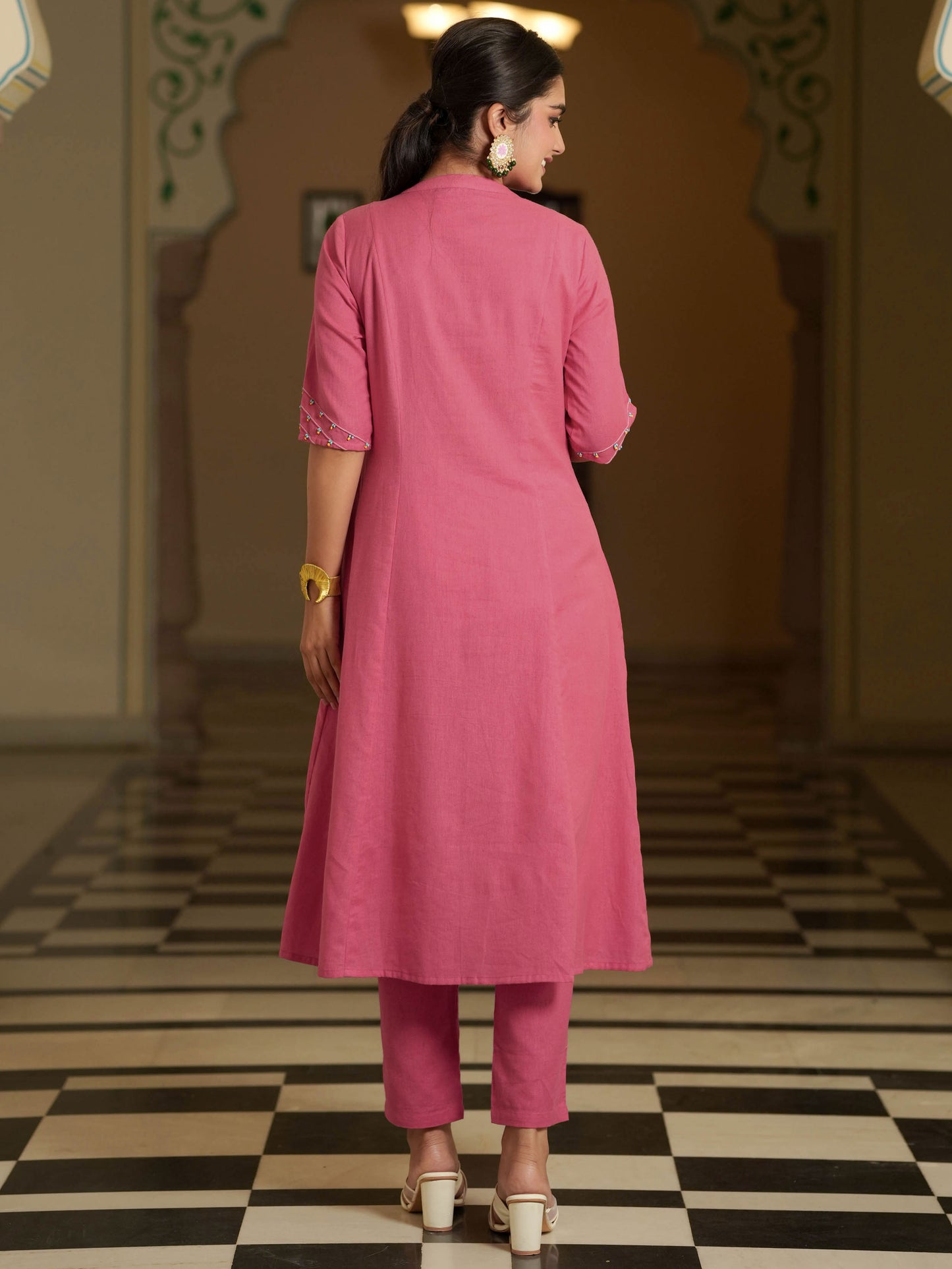 Embroidered Linen Cotton Solid A-line Pink Kurta