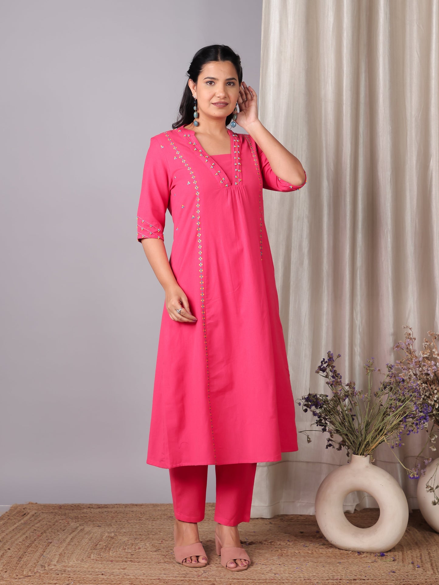 Embroidered Linen Cotton Solid A-line Pink Kurta