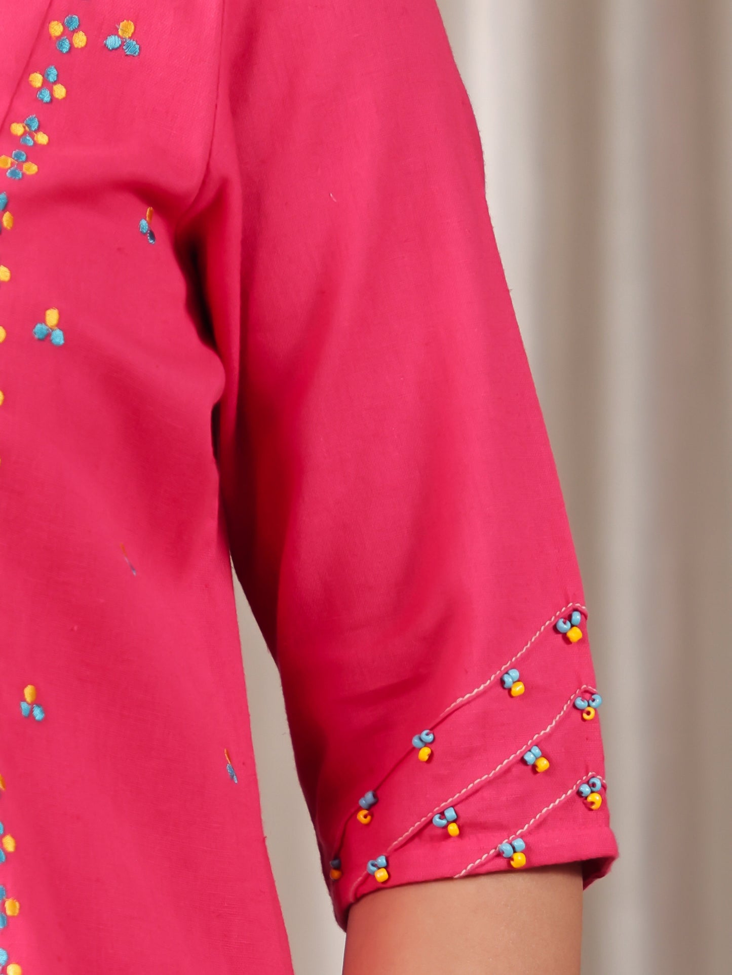 Embroidered Linen Cotton Solid A-line Pink Kurta