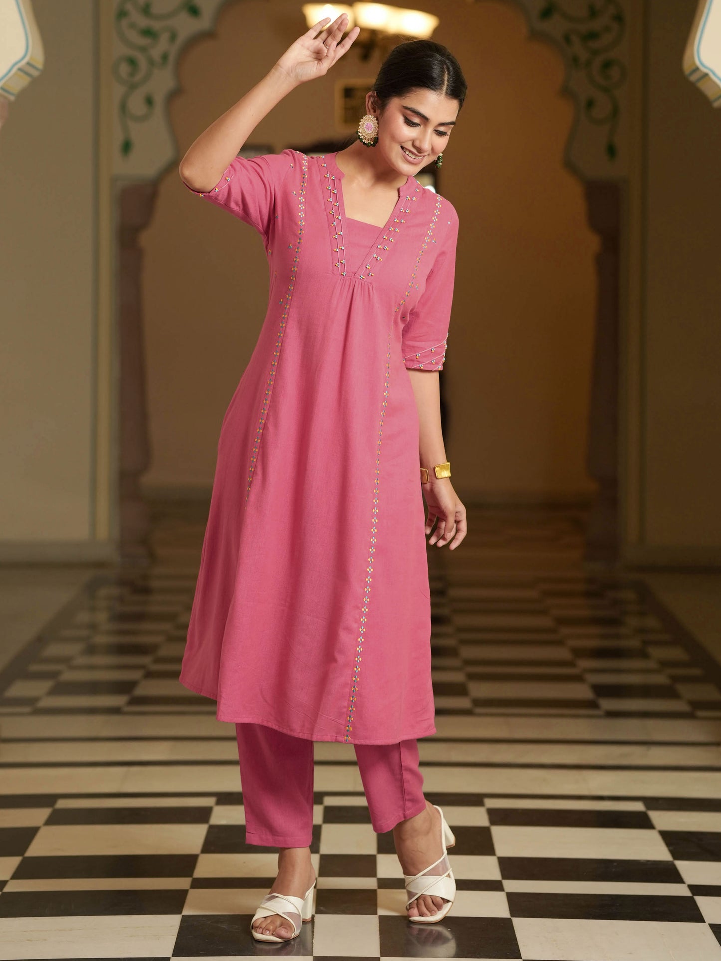 Embroidered Linen Cotton Solid A-line Pink Kurta