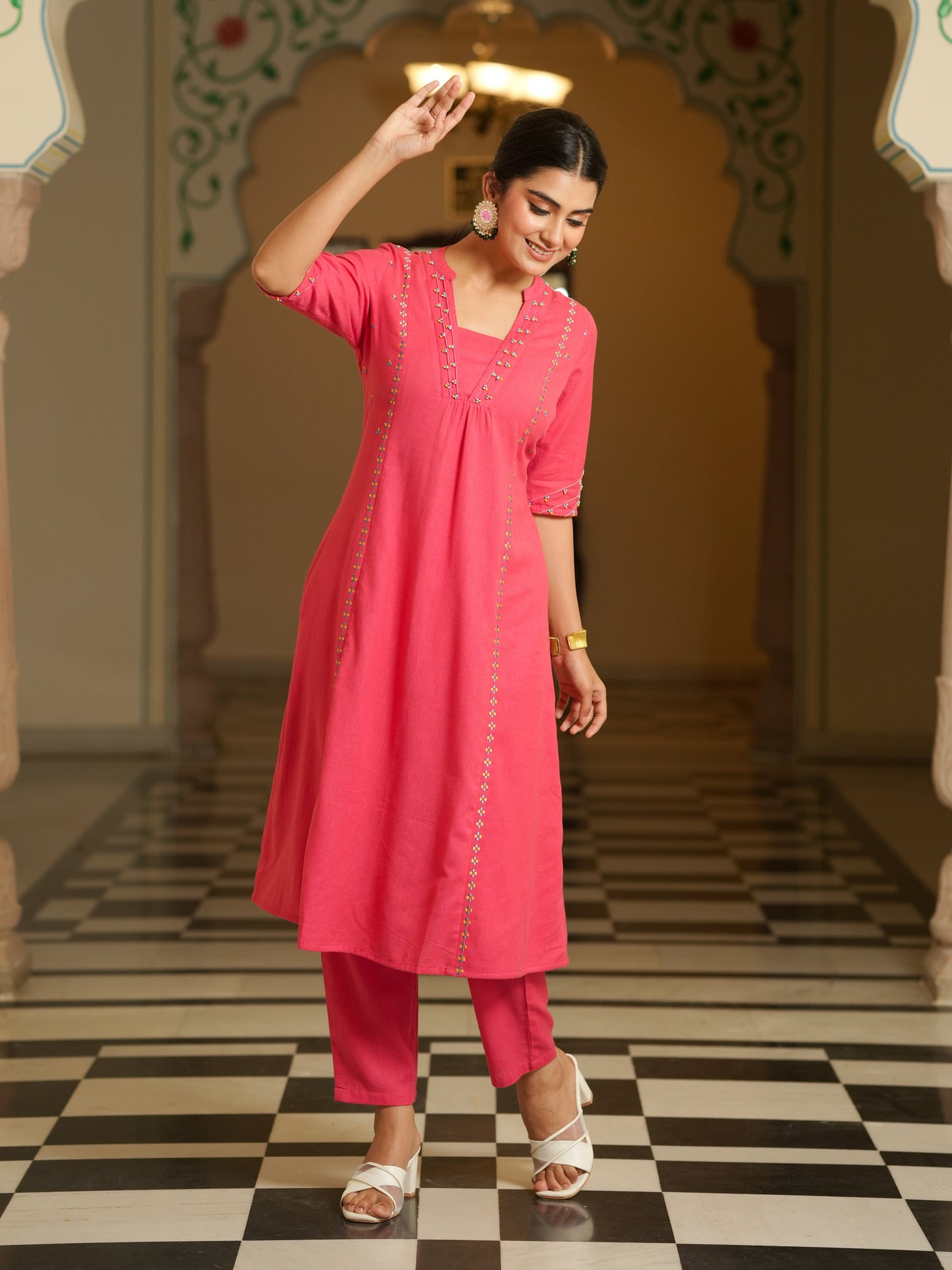 Embroidered Linen Cotton Solid A-line Pink Kurta