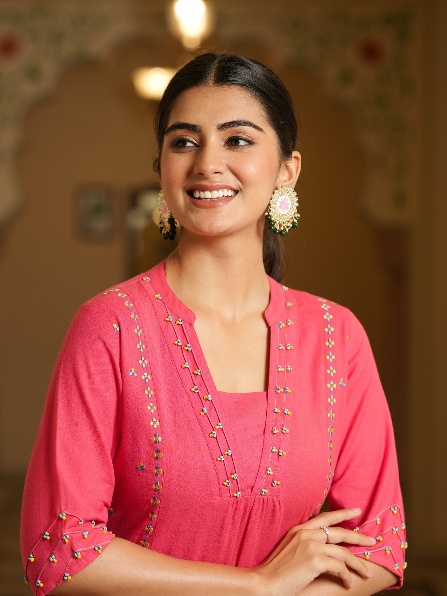 Embroidered Linen Cotton Solid A-line Pink Kurta