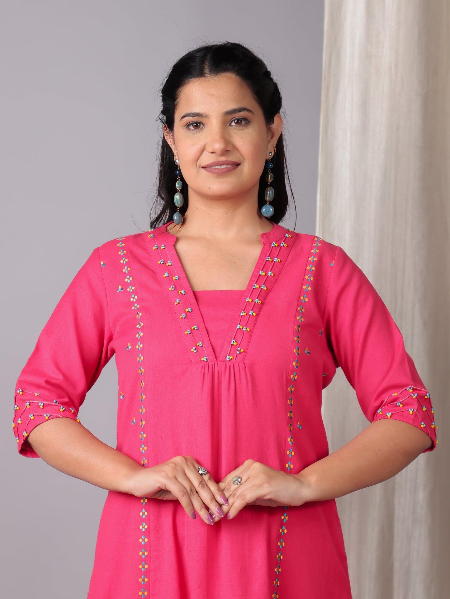 Embroidered Linen Cotton Solid A-line Pink Kurta