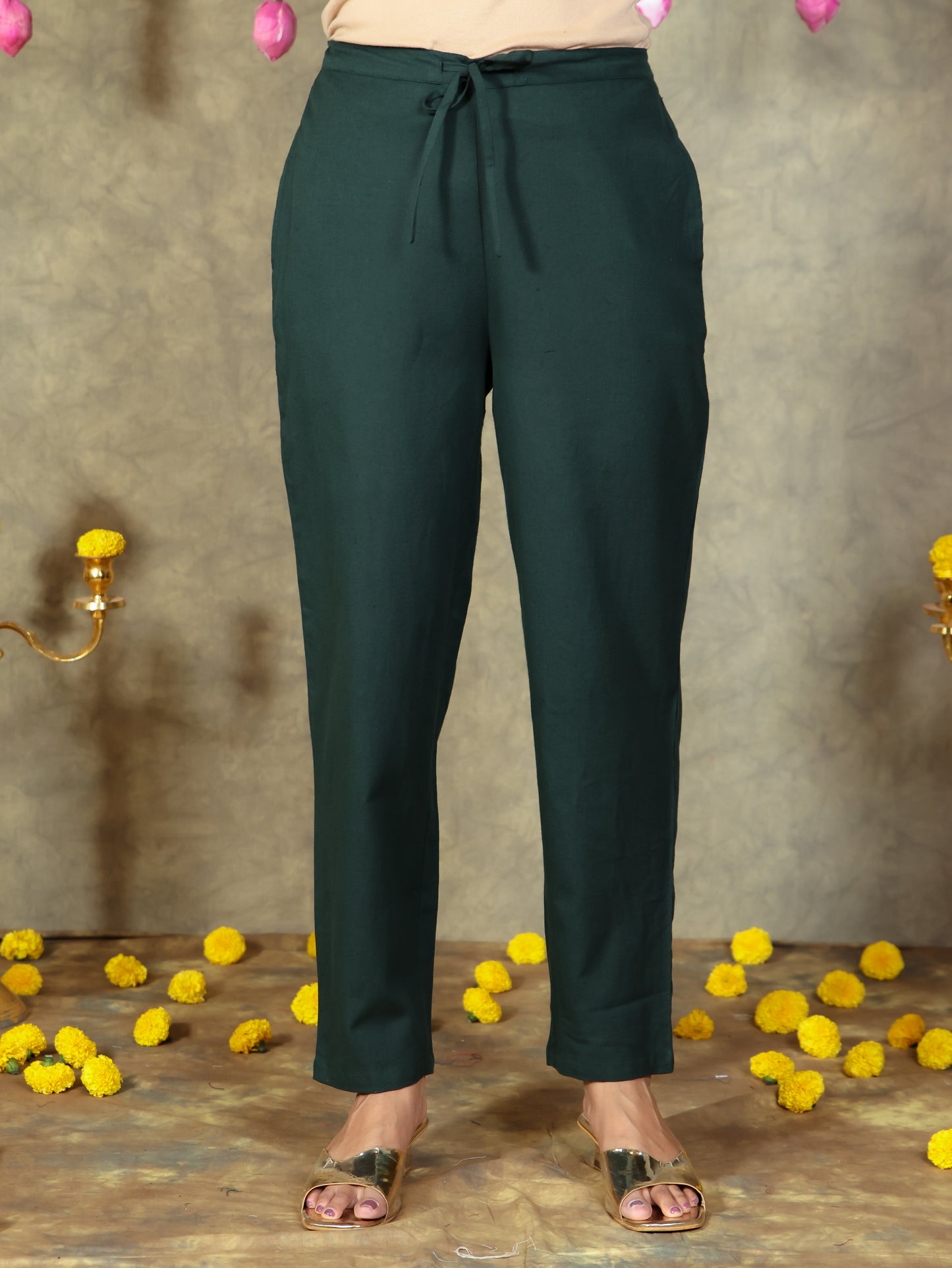 Linen Cotton Solid Green Tapered Trousers
