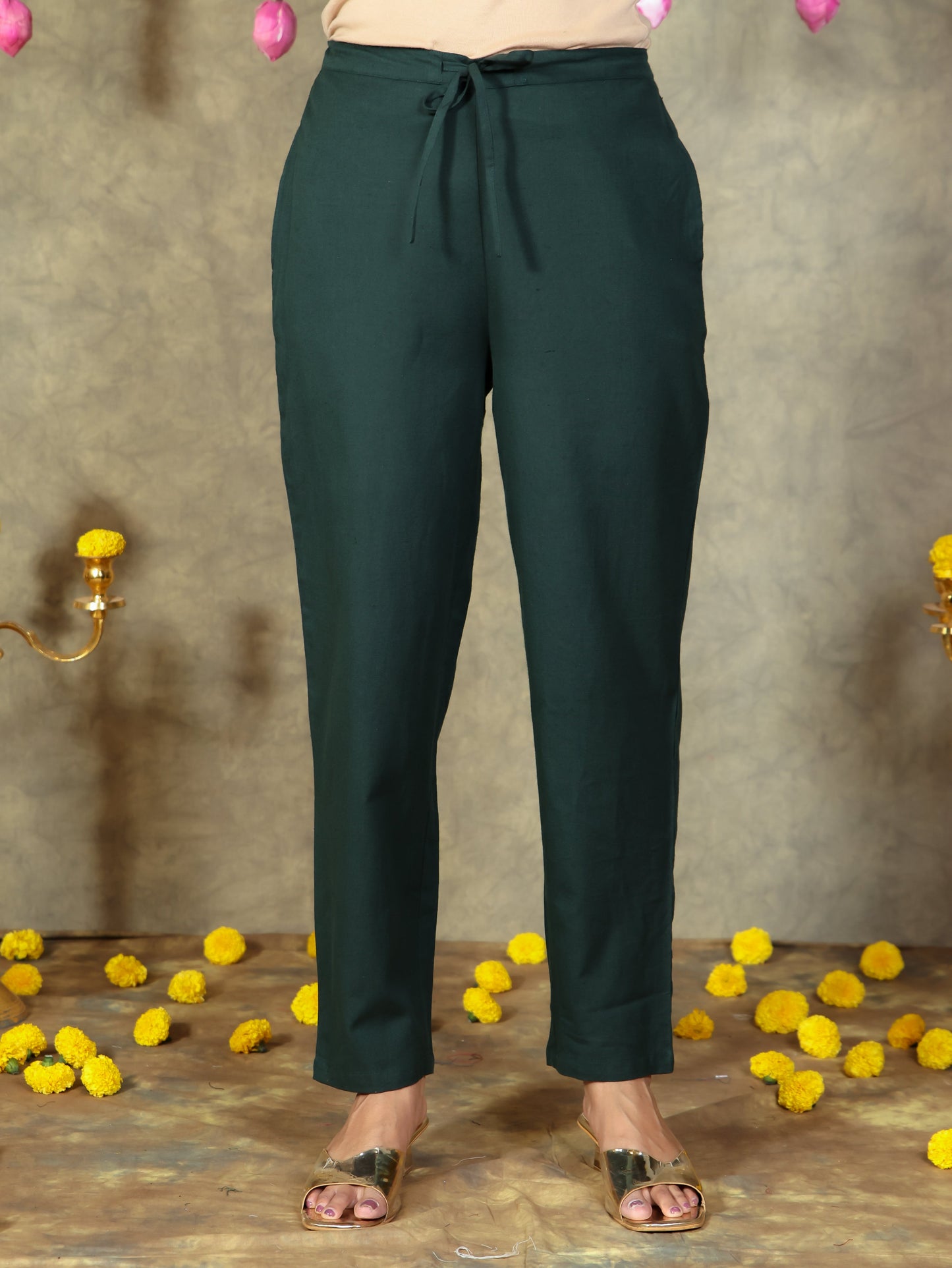 Linen Cotton Solid Green Tapered Trousers