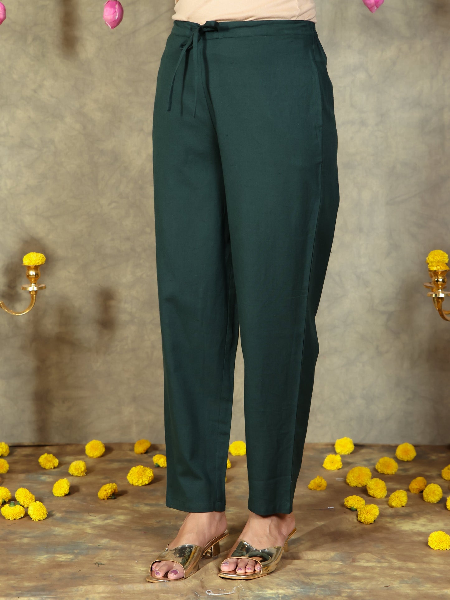 Linen Cotton Solid Green Tapered Trousers