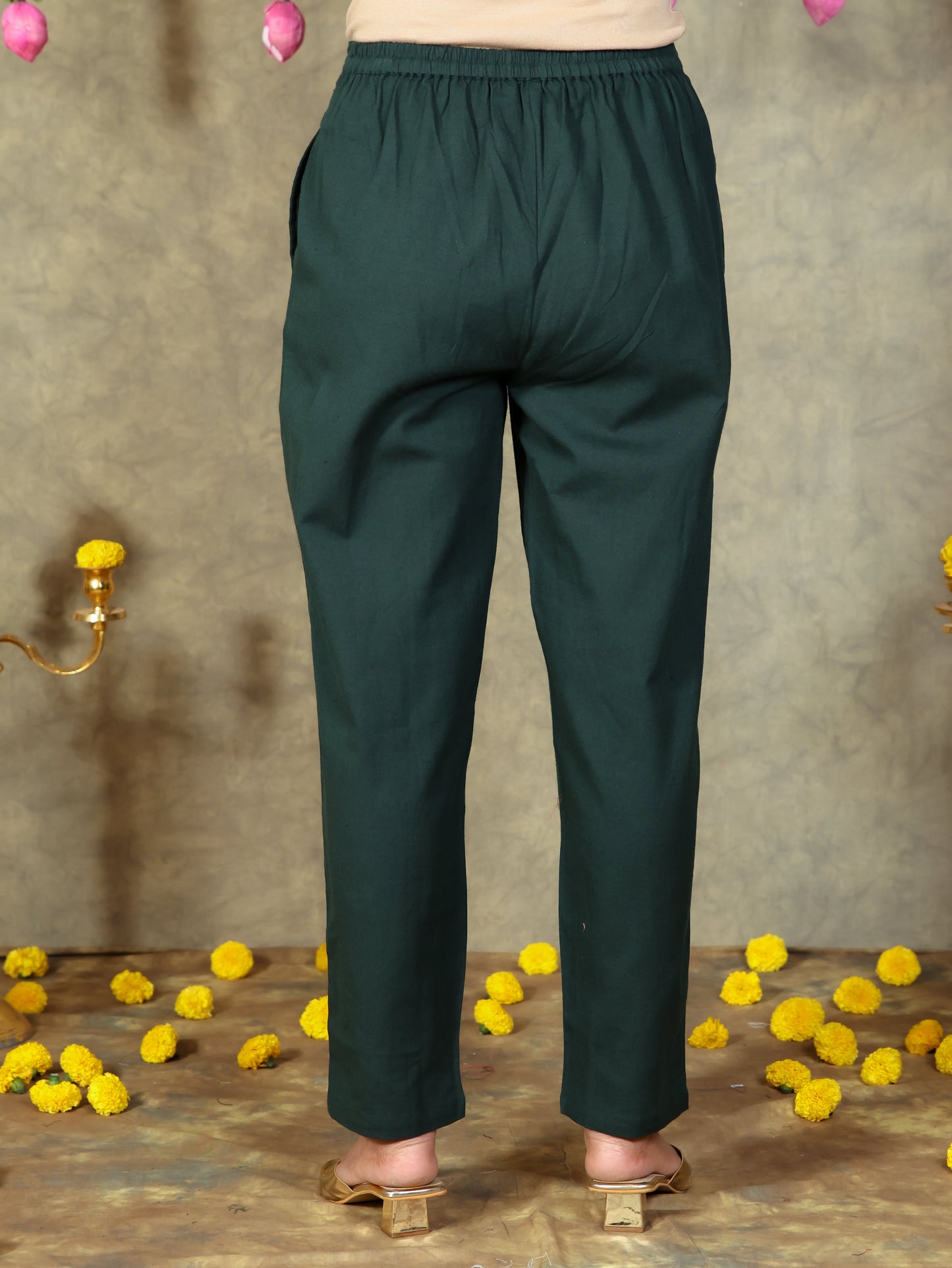 Linen Cotton Solid Green Tapered Trousers
