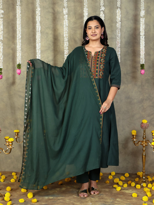 Embroidered Cotton Voile Solid Green Dupatta