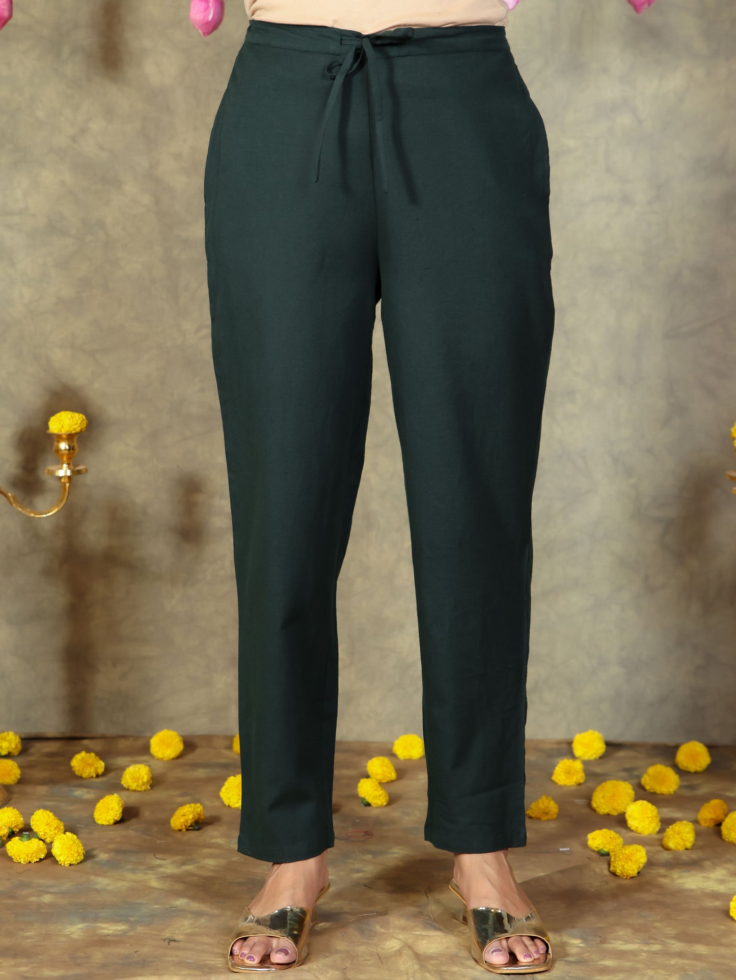 Embroidered Linen Cotton Solid Green Kurta