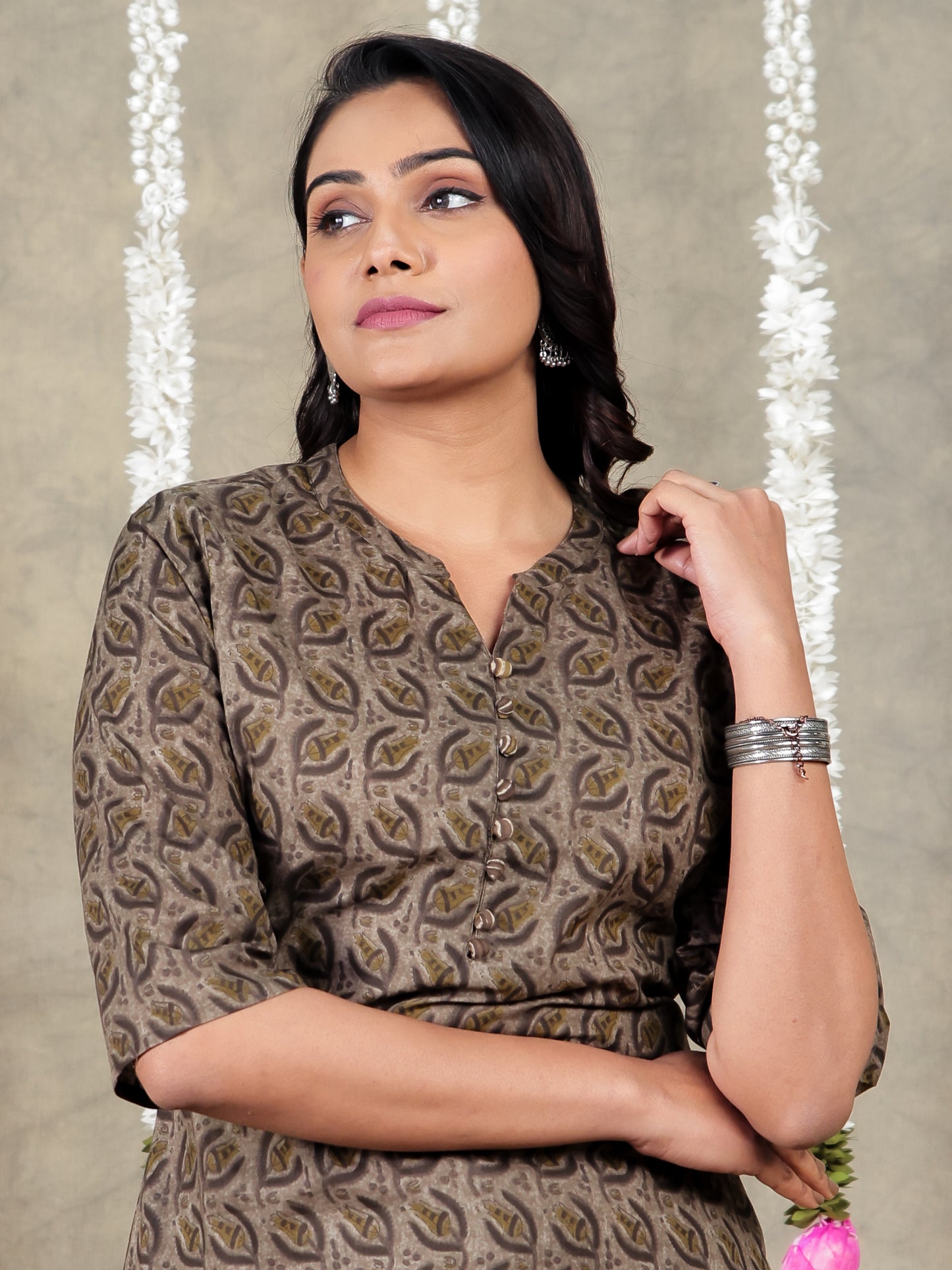Soft Cotton Floral Straight Grey Kurta