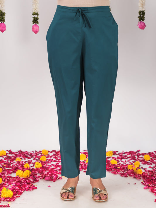 Soft Cotton Solid Teal Tapered Trousers