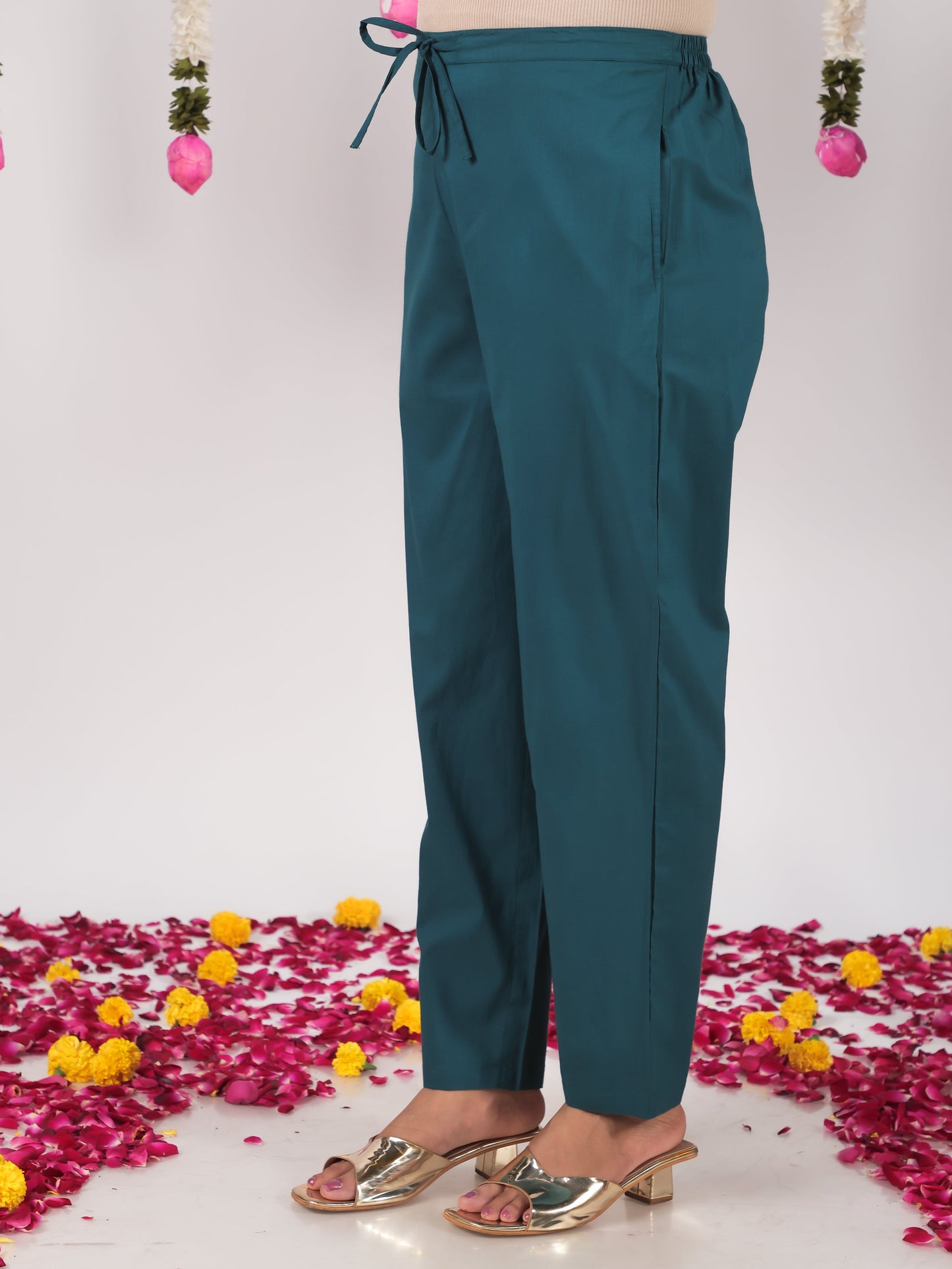 Soft Cotton Solid Teal Tapered Trousers