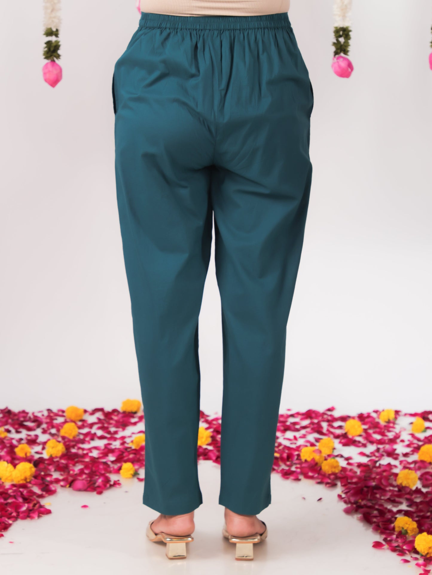 Soft Cotton Solid Teal Tapered Trousers