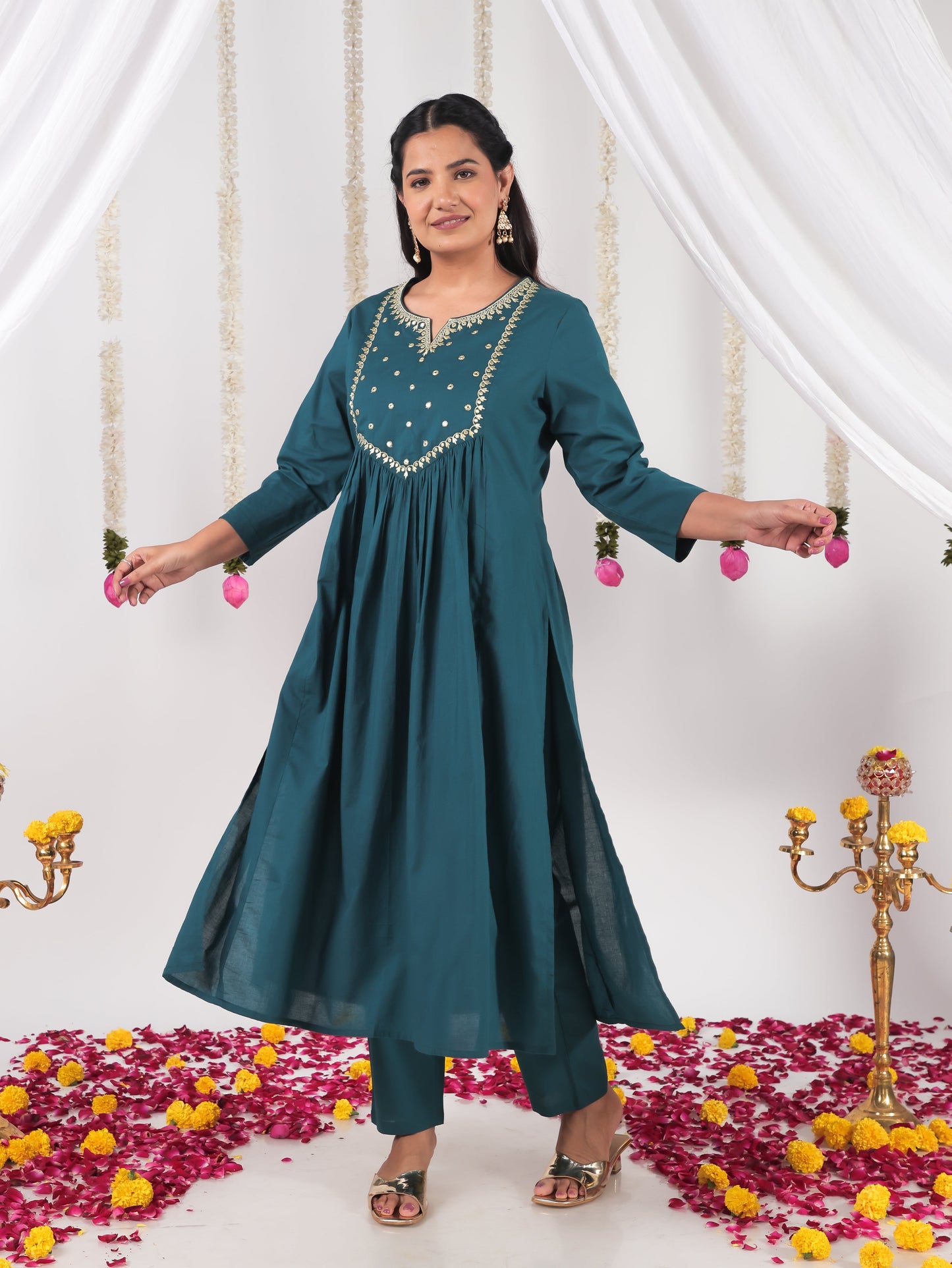 Embroidered Soft Cotton Solid A-line Teal Kurta