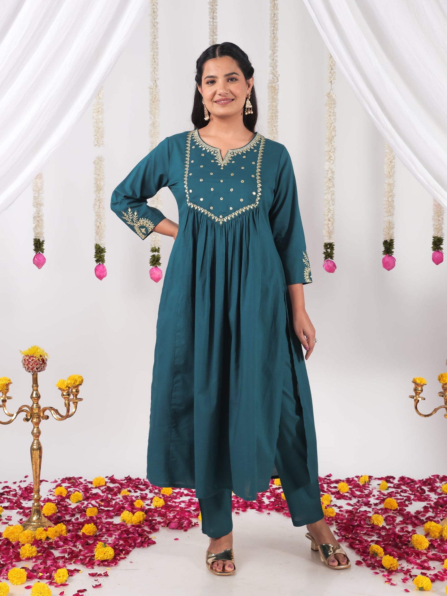 Embroidered Soft Cotton Solid A-line Teal Kurta