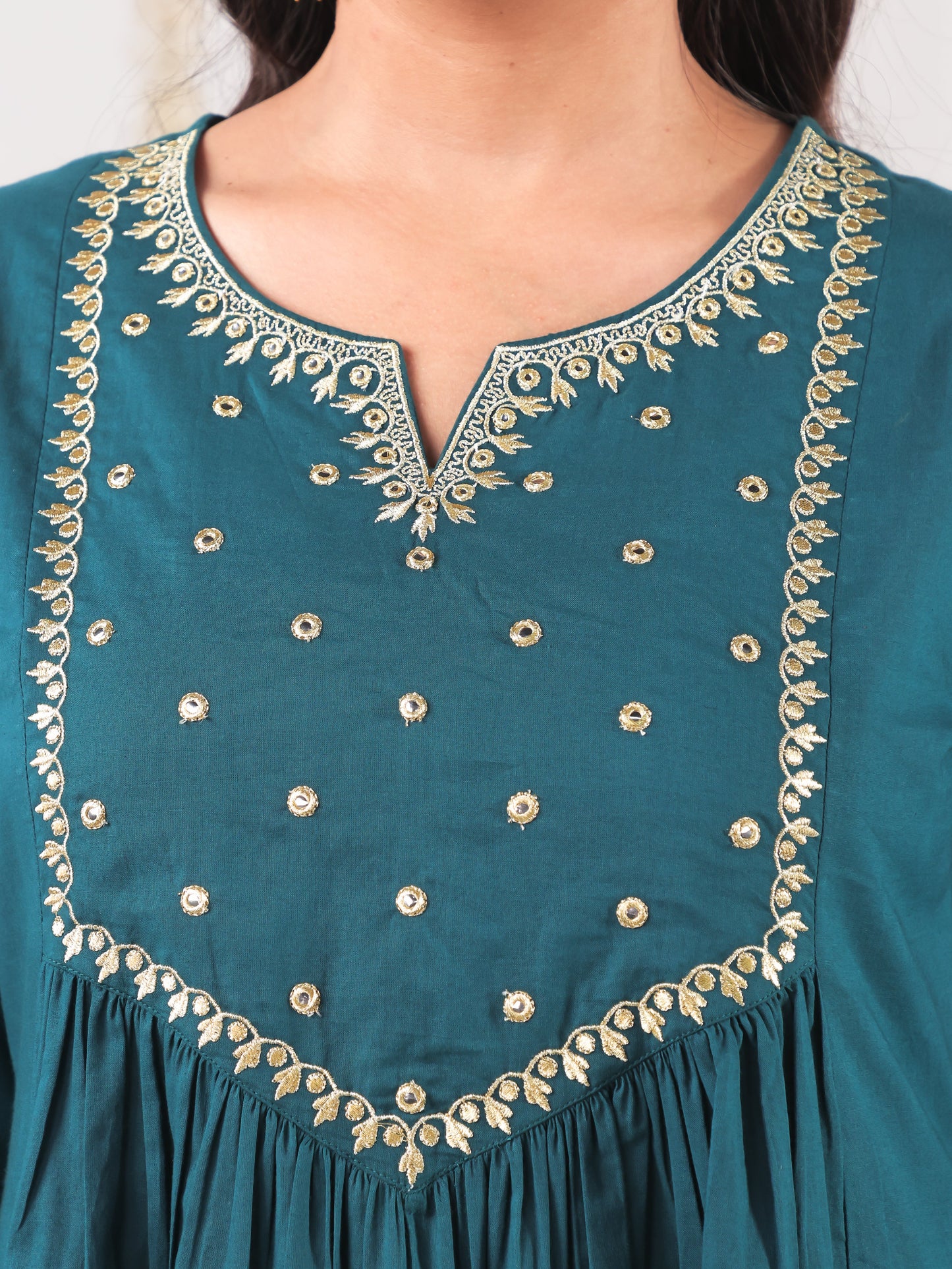 Embroidered Soft Cotton Solid A-line Teal Kurta