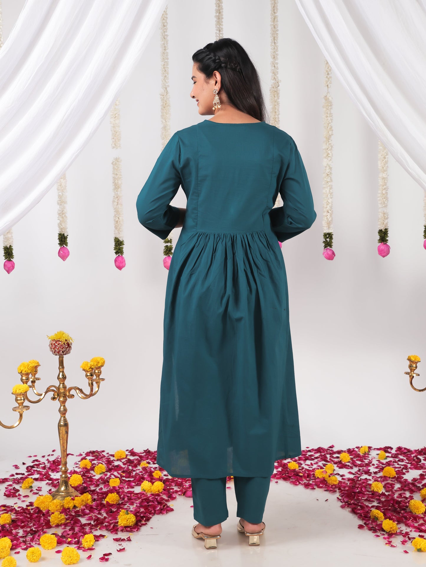 Embroidered Soft Cotton Solid A-line Teal Kurta