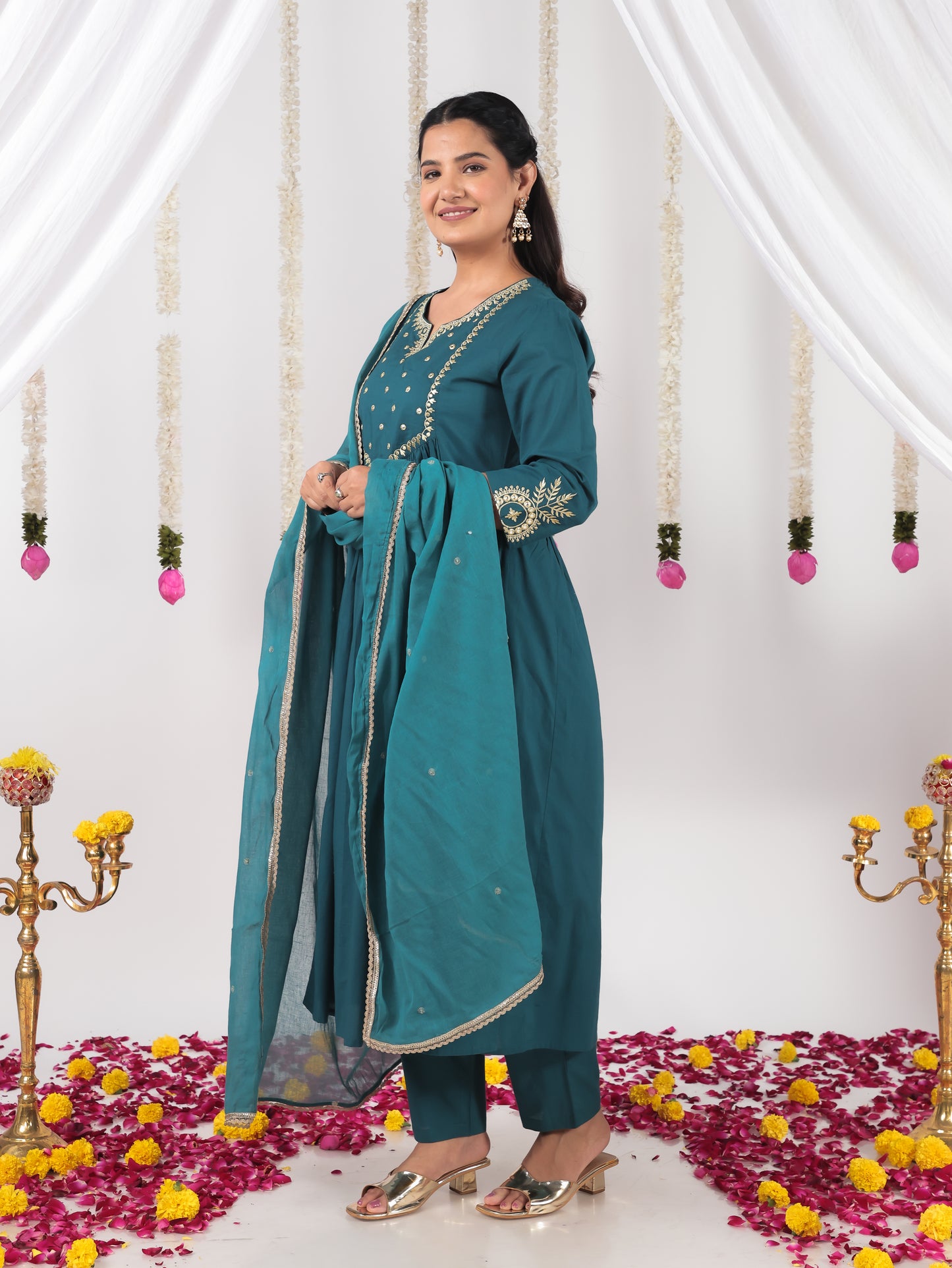 Embroidered Soft Cotton Solid A-line Teal Kurta