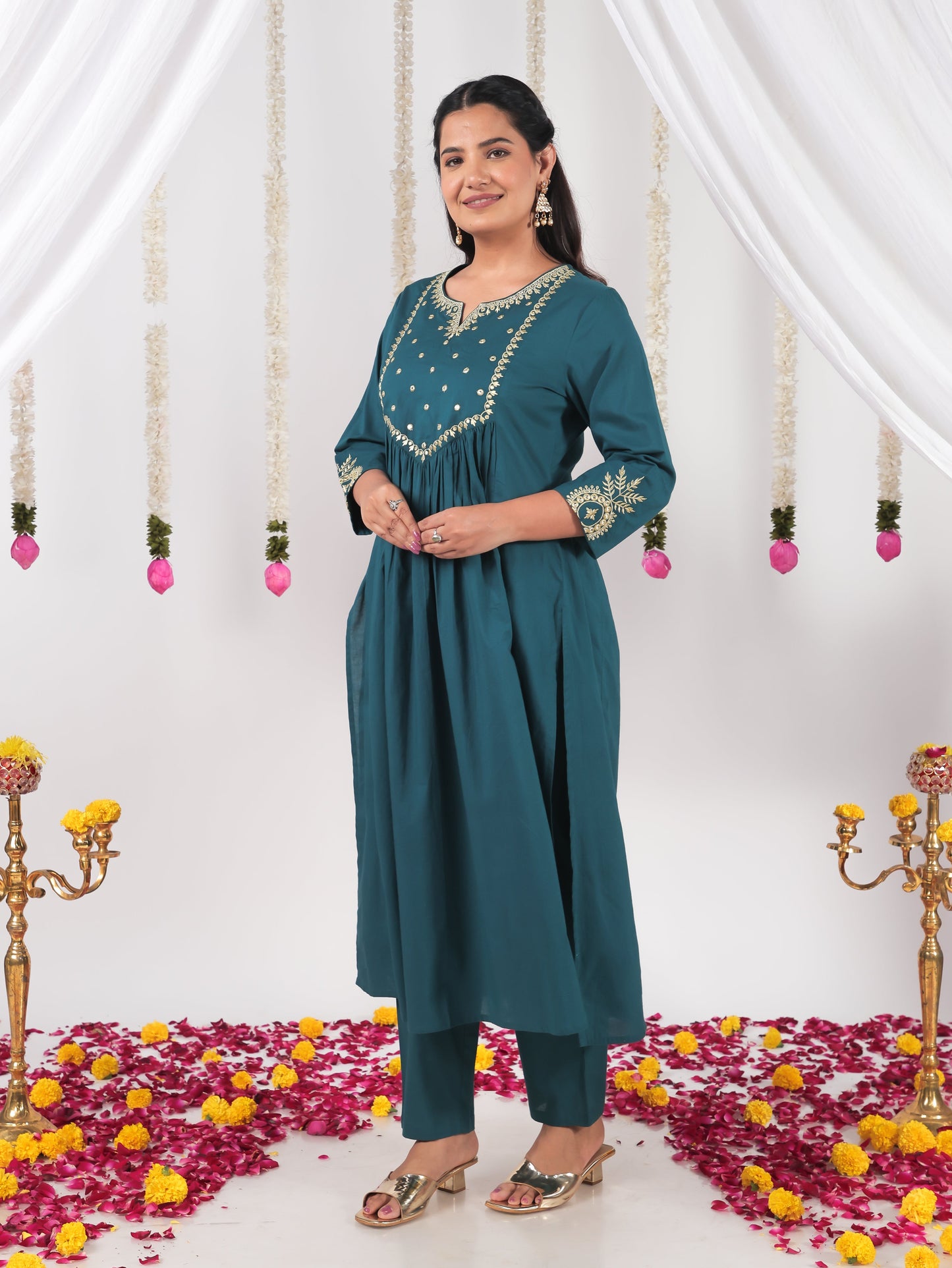Embroidered Soft Cotton Solid A-line Teal Kurta