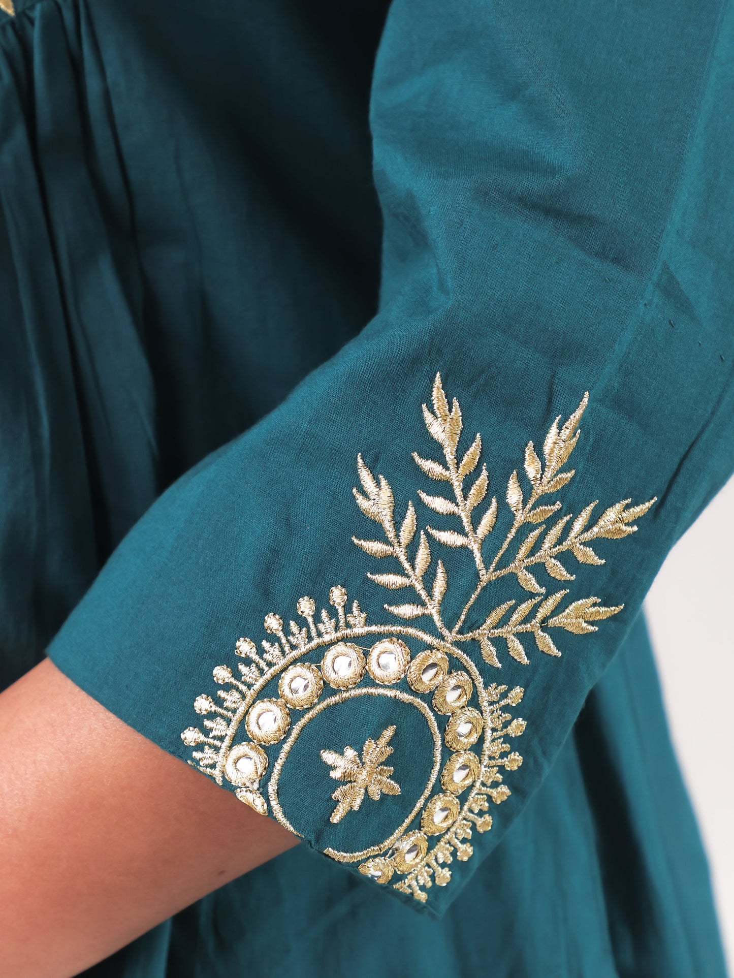 Embroidered Soft Cotton Solid A-line Teal Kurta