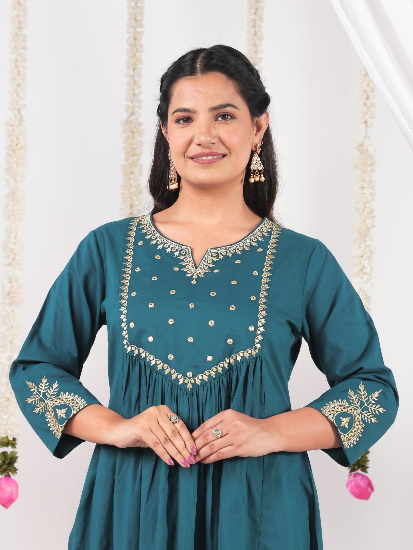 Embroidered Soft Cotton Solid A-line Teal Kurta