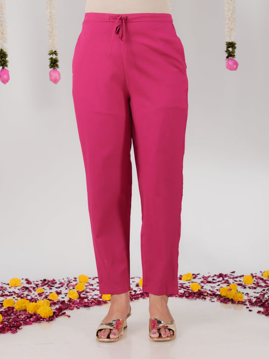Linen Cotton Solid Pink Tapered Trousers