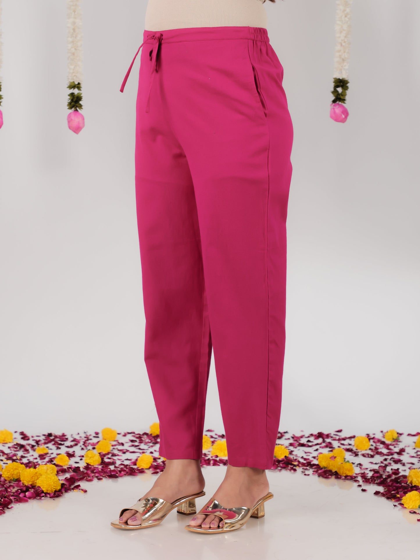 Linen Cotton Solid Pink Tapered Trousers
