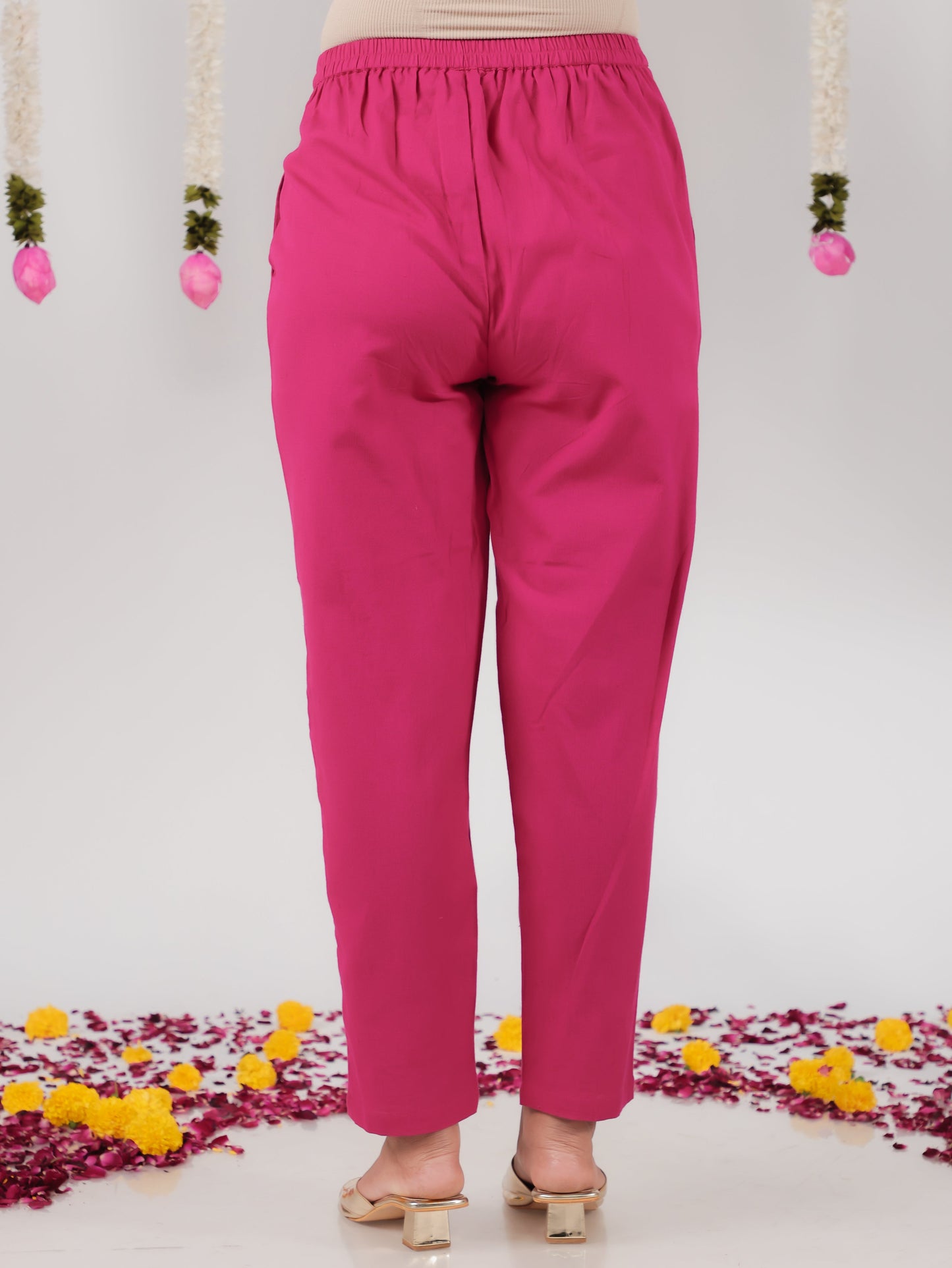 Linen Cotton Solid Pink Tapered Trousers