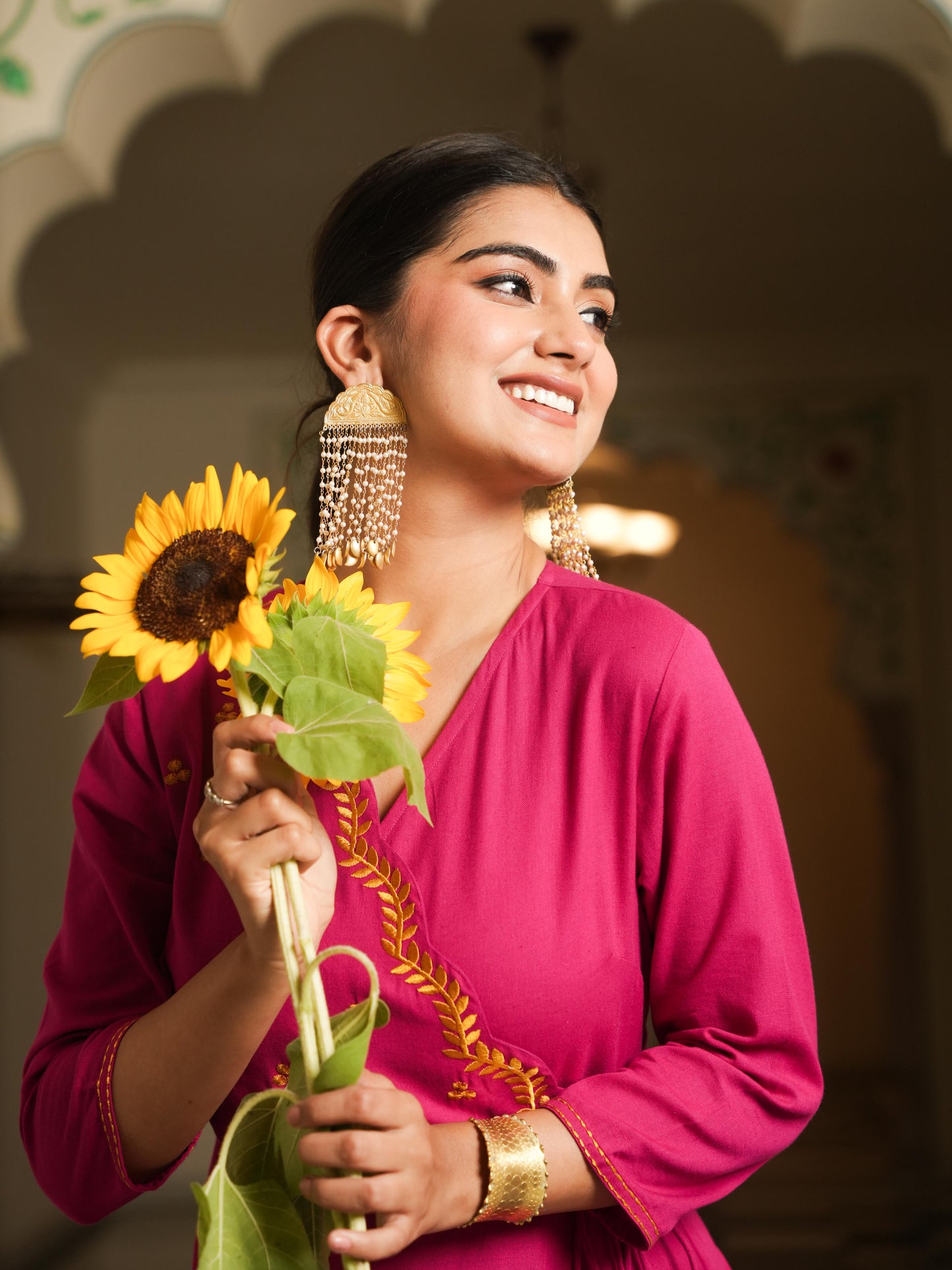 Embroidered Linen Cotton Solid Anarkali Pink Kurta