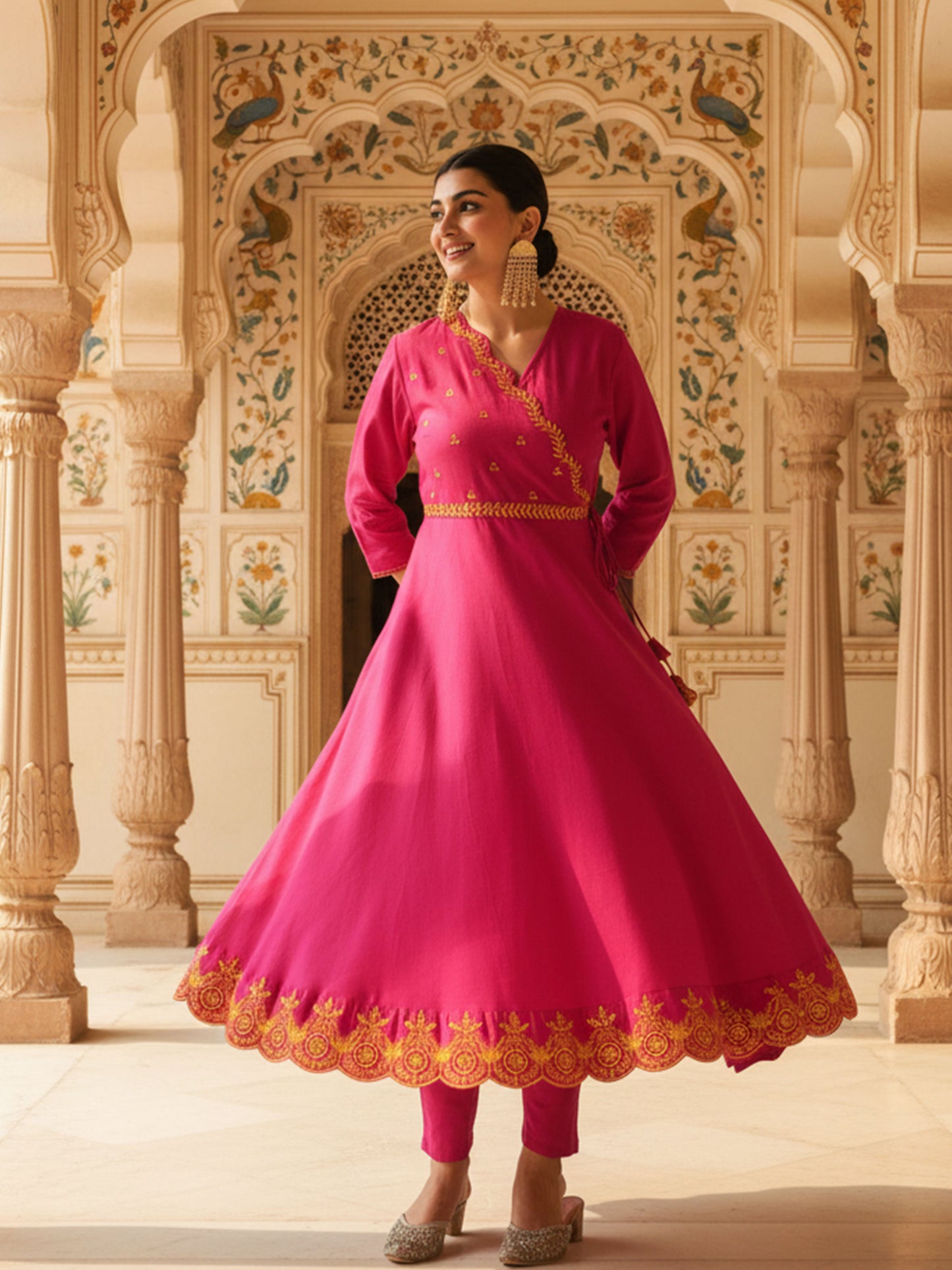 Embroidered Linen Cotton Solid Anarkali Pink Kurta