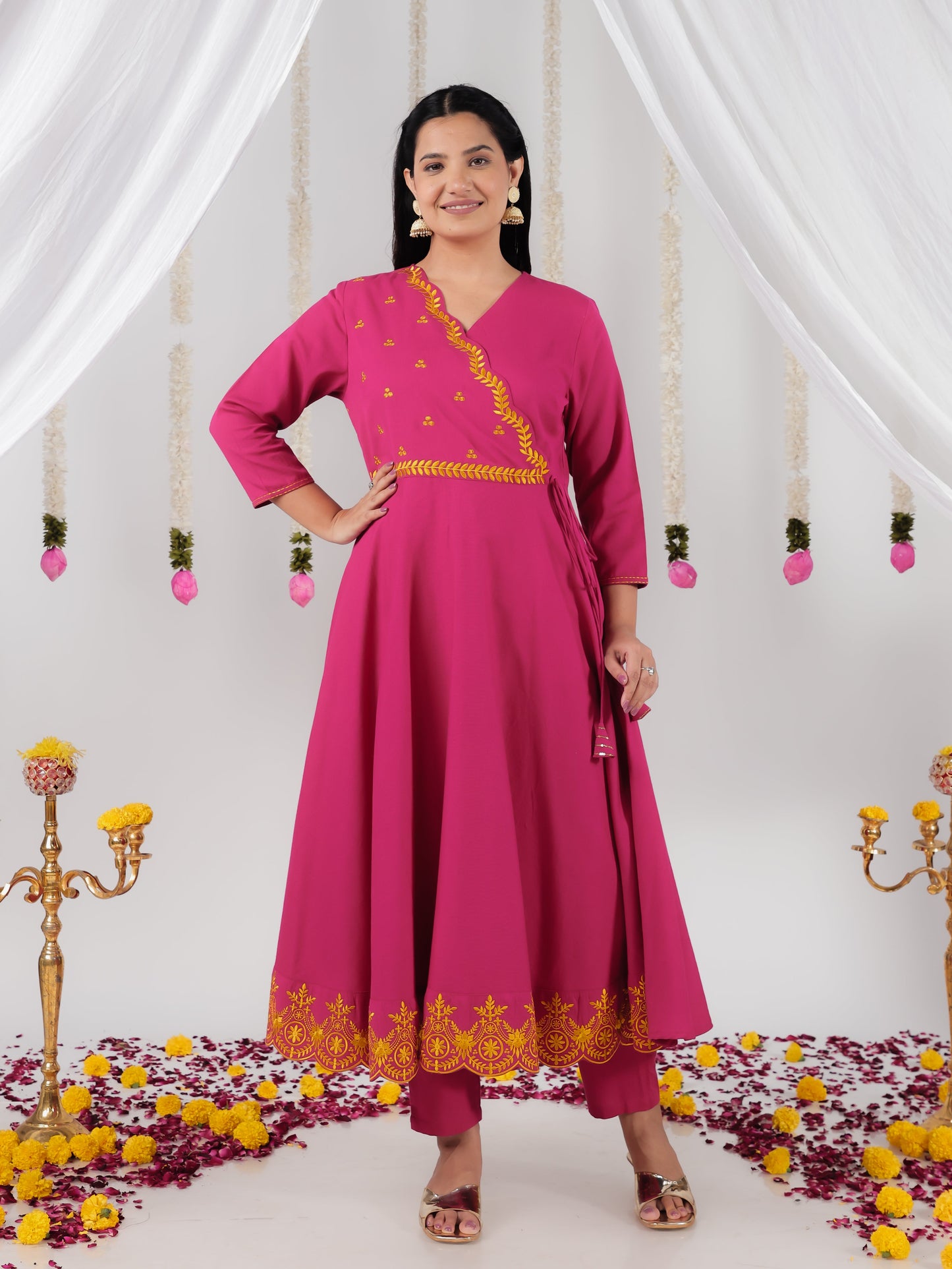 Embroidered Linen Cotton Solid Anarkali Pink Kurta