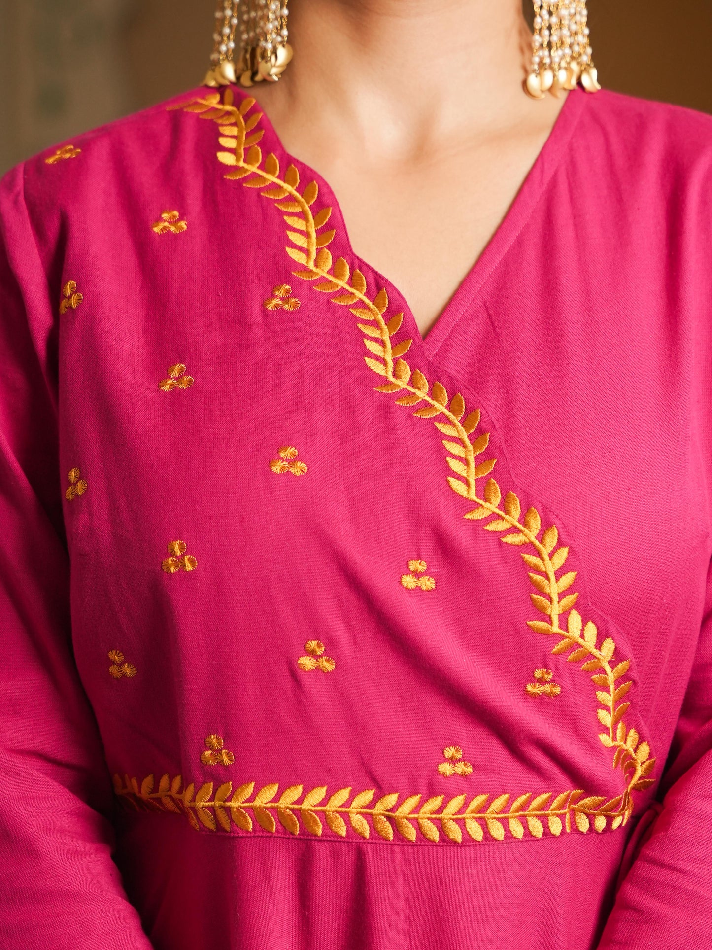 Embroidered Linen Cotton Solid Anarkali Pink Kurta