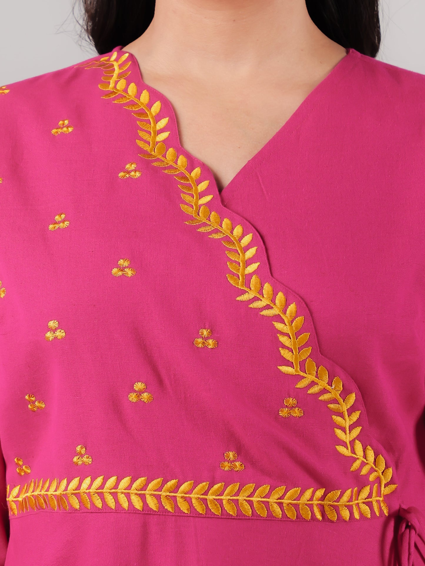 Embroidered Linen Cotton Solid Anarkali Pink Kurta