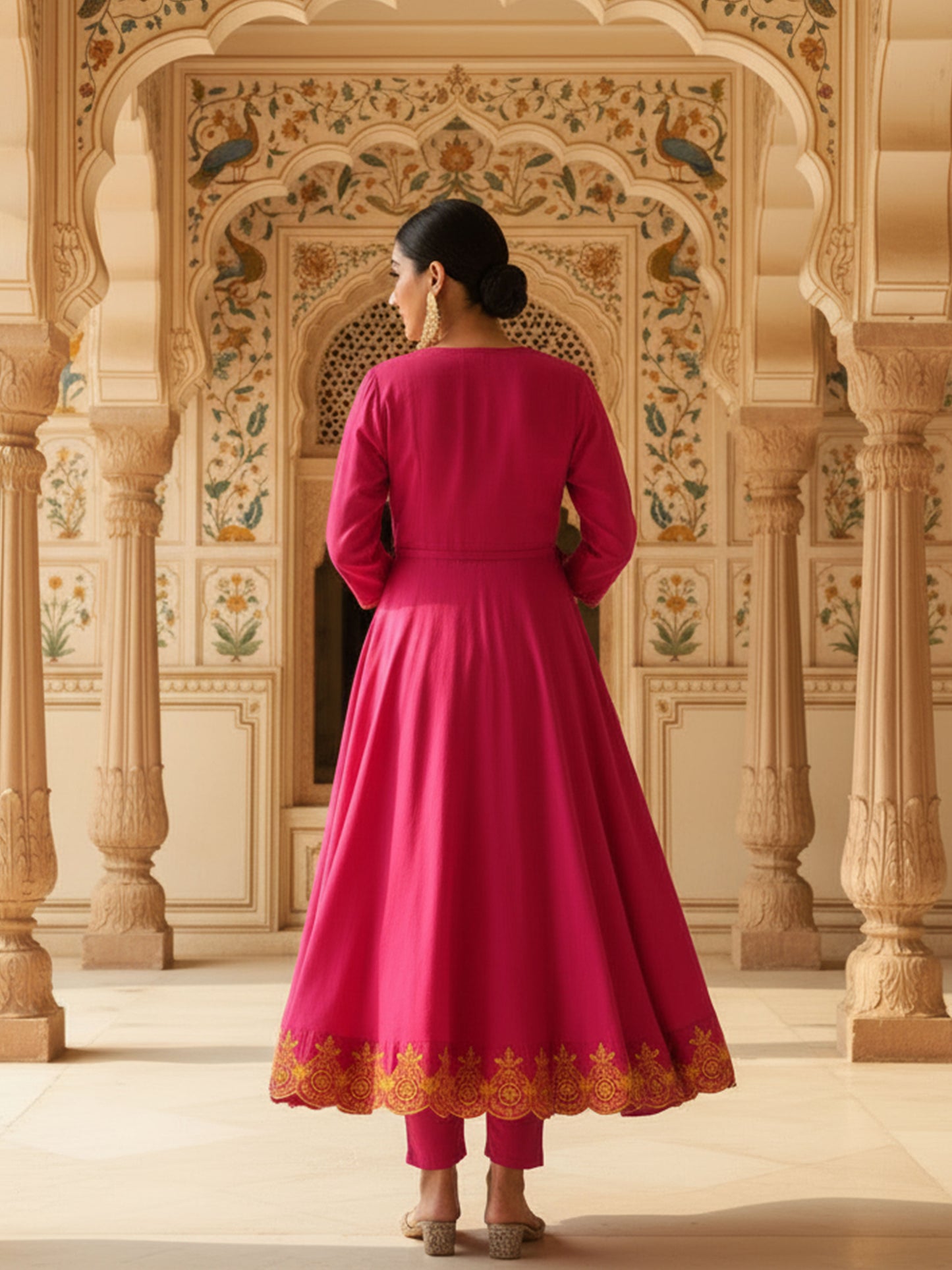 Embroidered Linen Cotton Solid Anarkali Pink Kurta