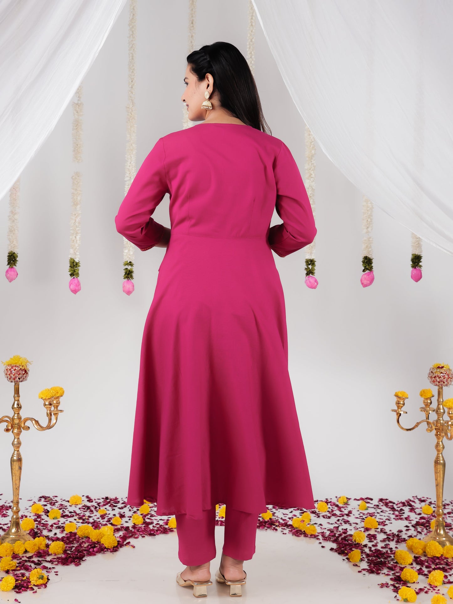 Embroidered Linen Cotton Solid Anarkali Pink Kurta