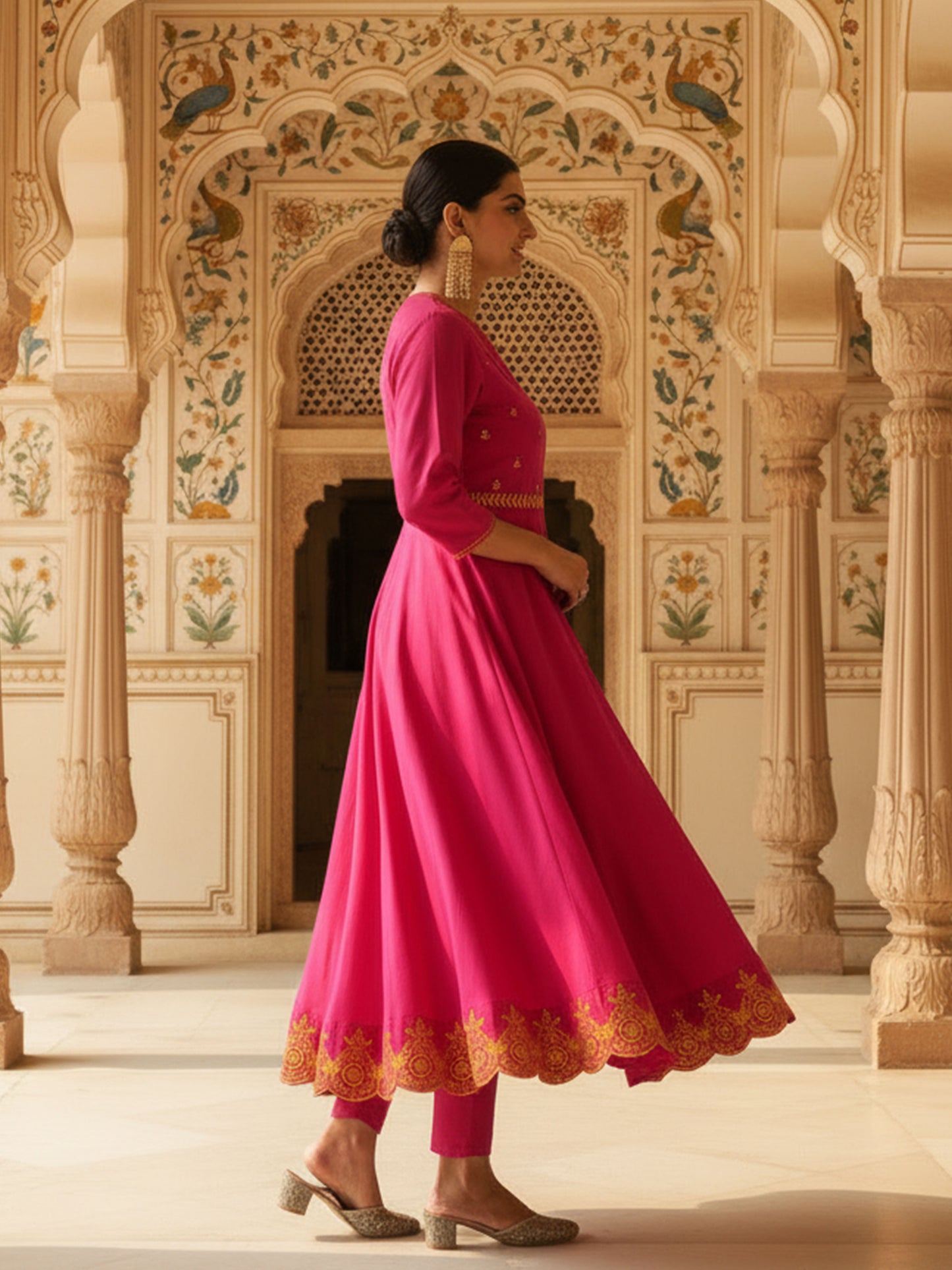 Embroidered Linen Cotton Solid Anarkali Pink Kurta