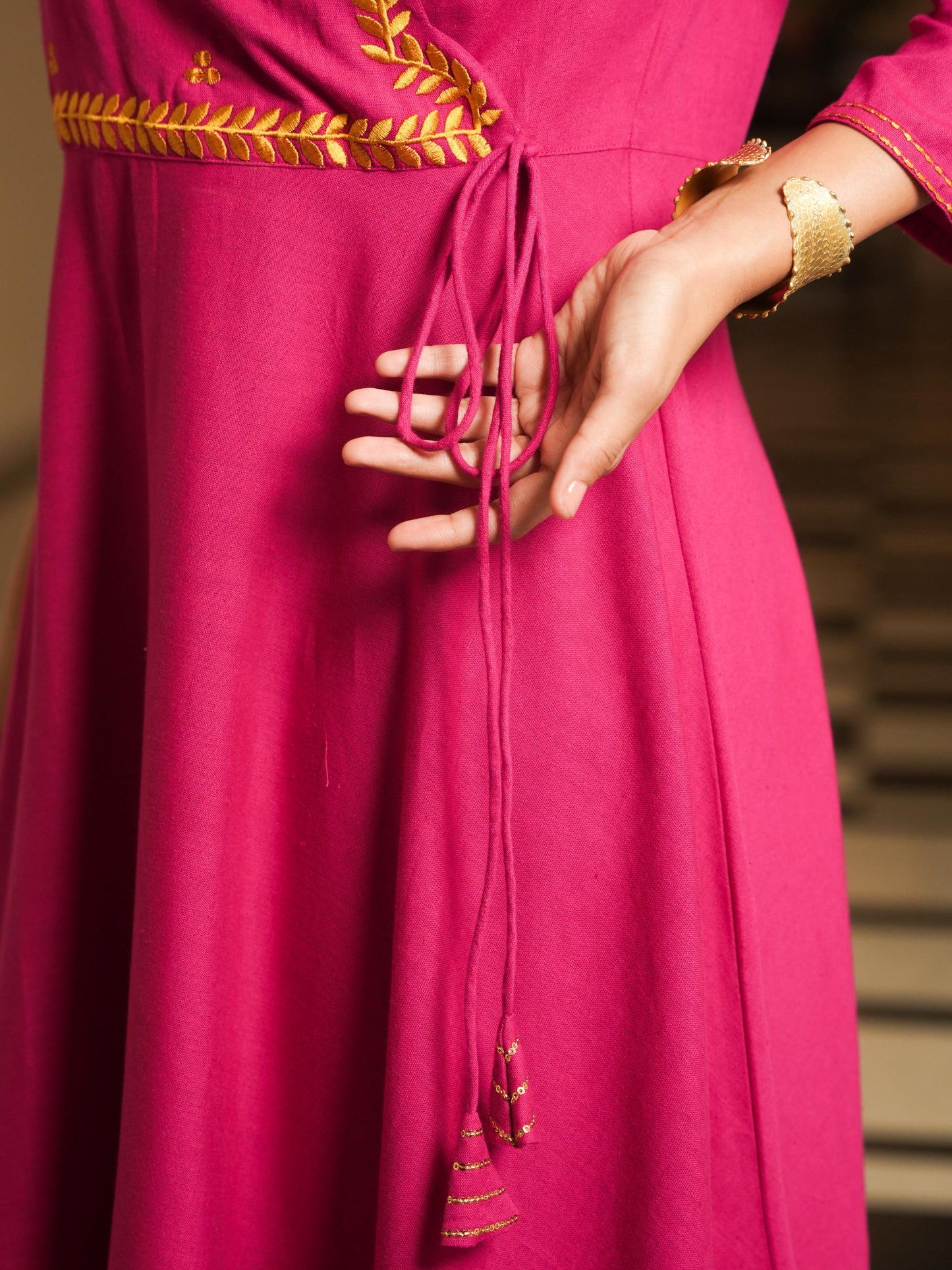 Embroidered Linen Cotton Solid Anarkali Pink Kurta