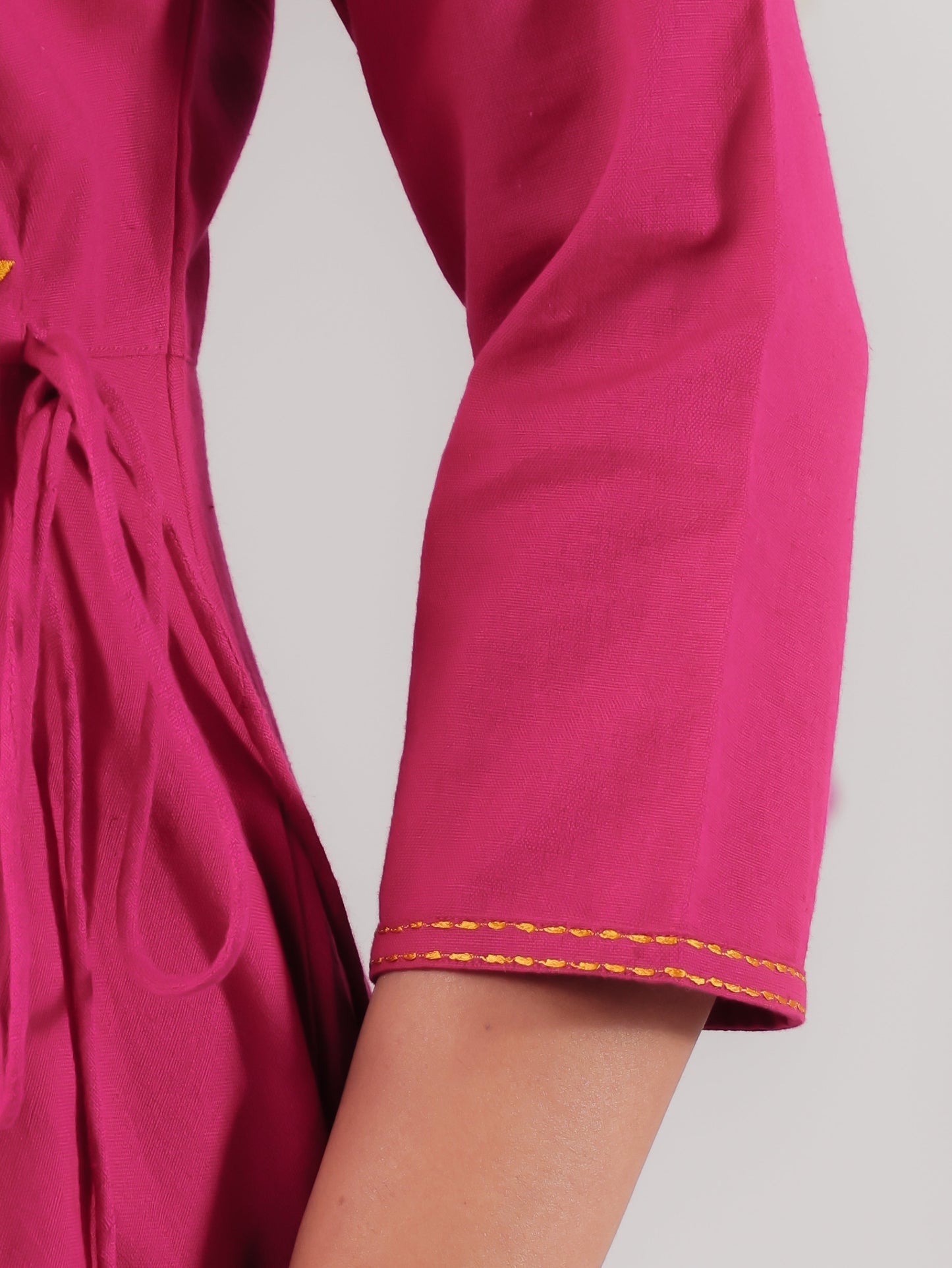 Embroidered Linen Cotton Solid Anarkali Pink Kurta