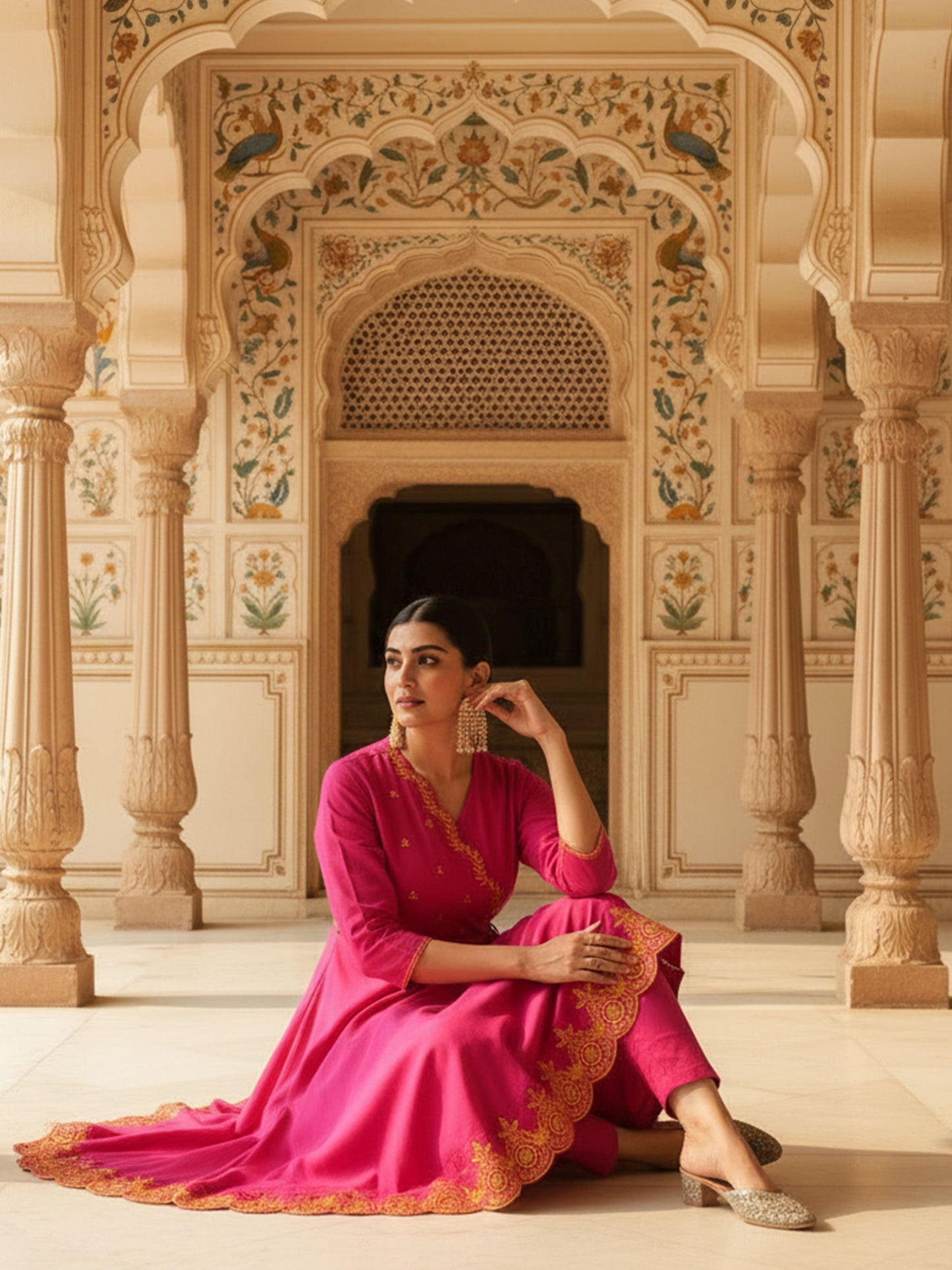 Embroidered Linen Cotton Solid Anarkali Pink Kurta