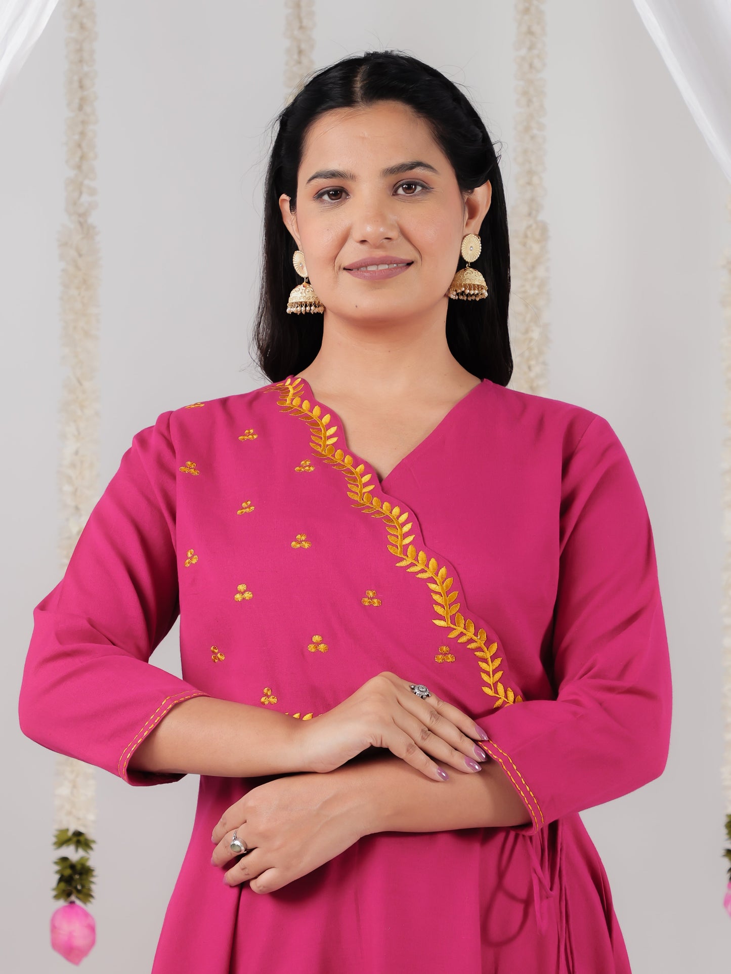 Embroidered Linen Cotton Solid Anarkali Pink Kurta