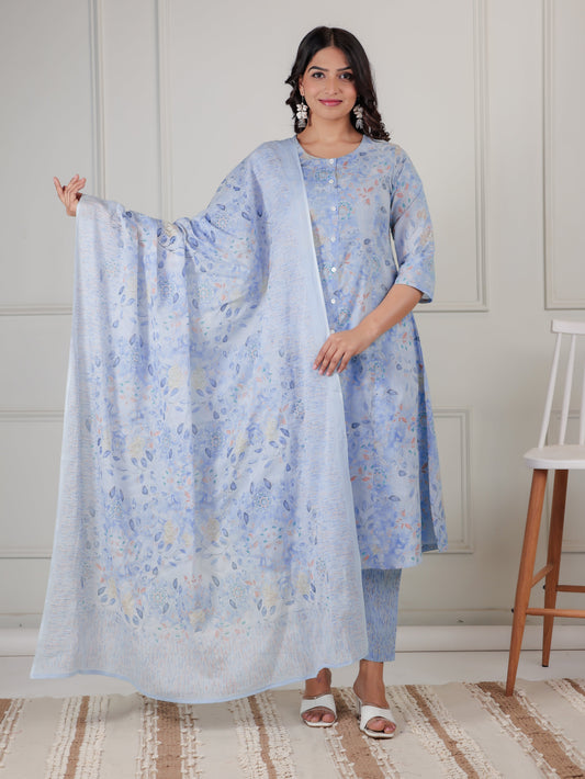 Cotton Voile Floral Blue Dupatta