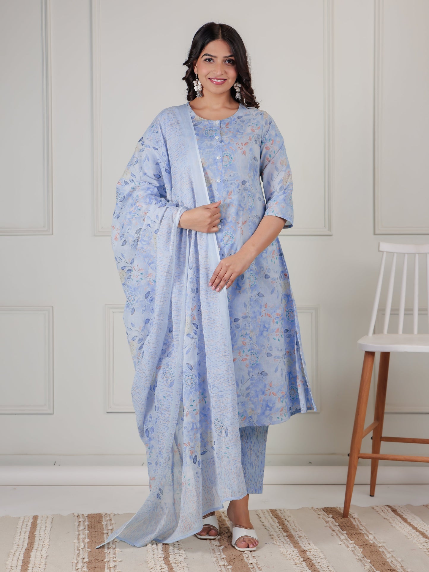 Cotton Voile Floral Blue Dupatta