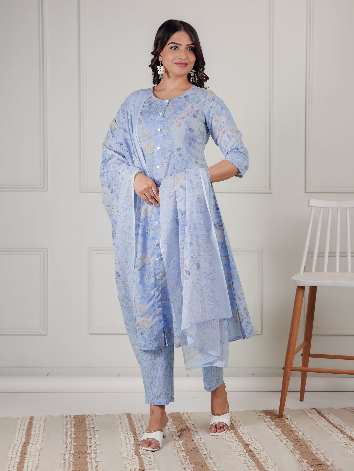 Soft Cotton Floral A-line Blue Kurta