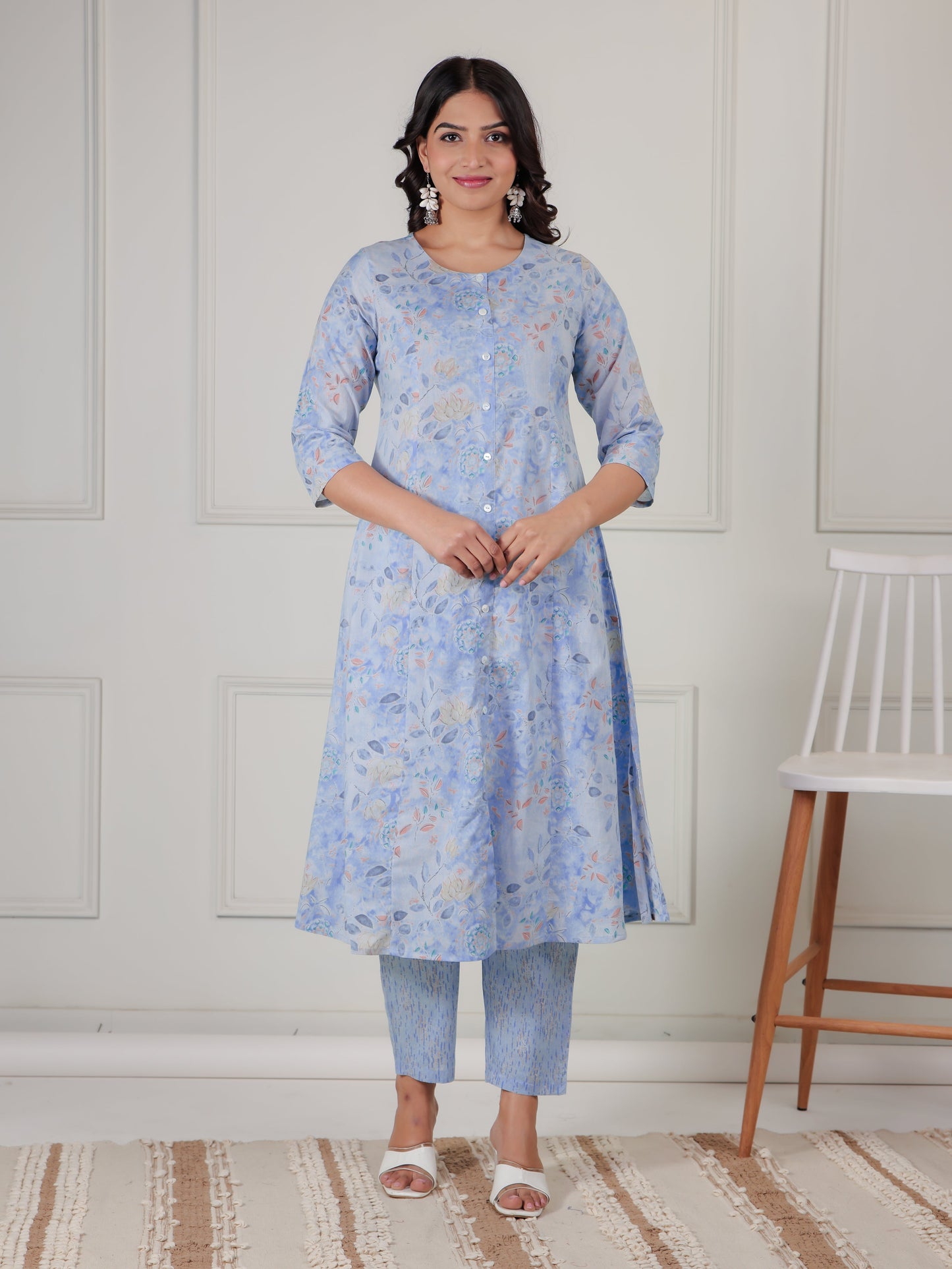 Soft Cotton Floral A-line Blue Kurta