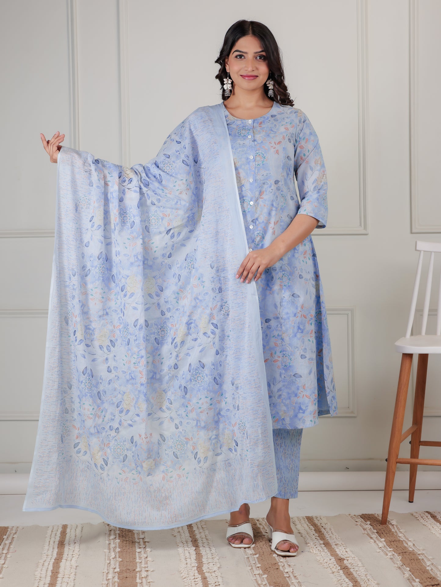 Soft Cotton Floral A-line Blue Kurta