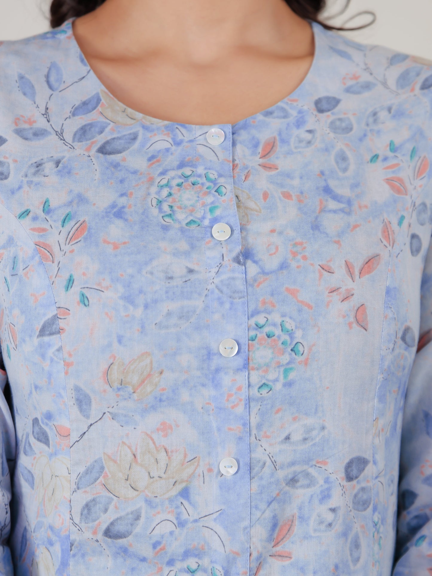 Soft Cotton Floral A-line Blue Kurta